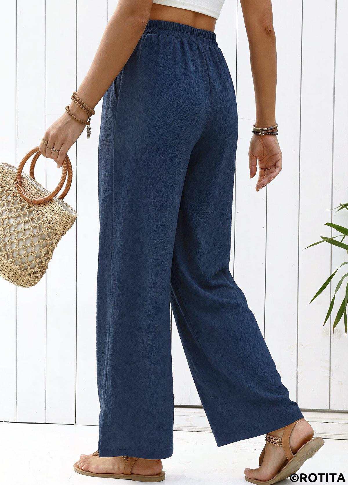 Navy bottoms,Plain Color bottoms,Navy Straight Leg Elastic Waist High Waisted Pants