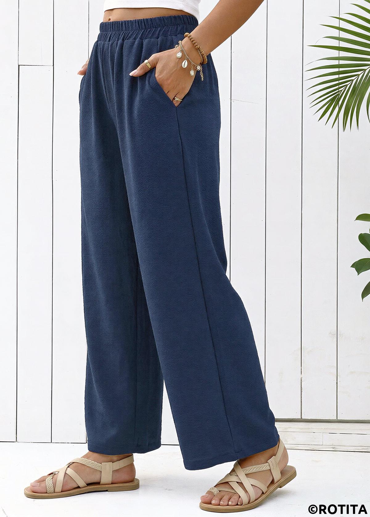 Navy bottoms,Plain Color bottoms,Navy Straight Leg Elastic Waist High Waisted Pants