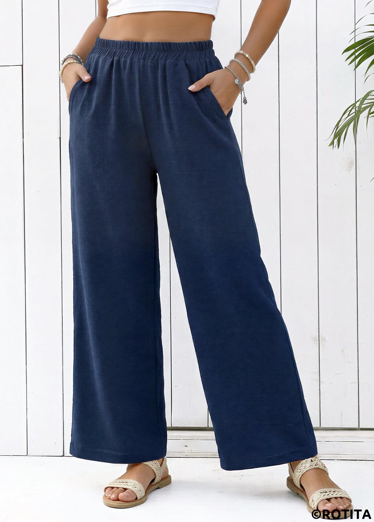 Navy bottoms,Plain Color bottoms,Navy Straight Leg Elastic Waist High Waisted Pants