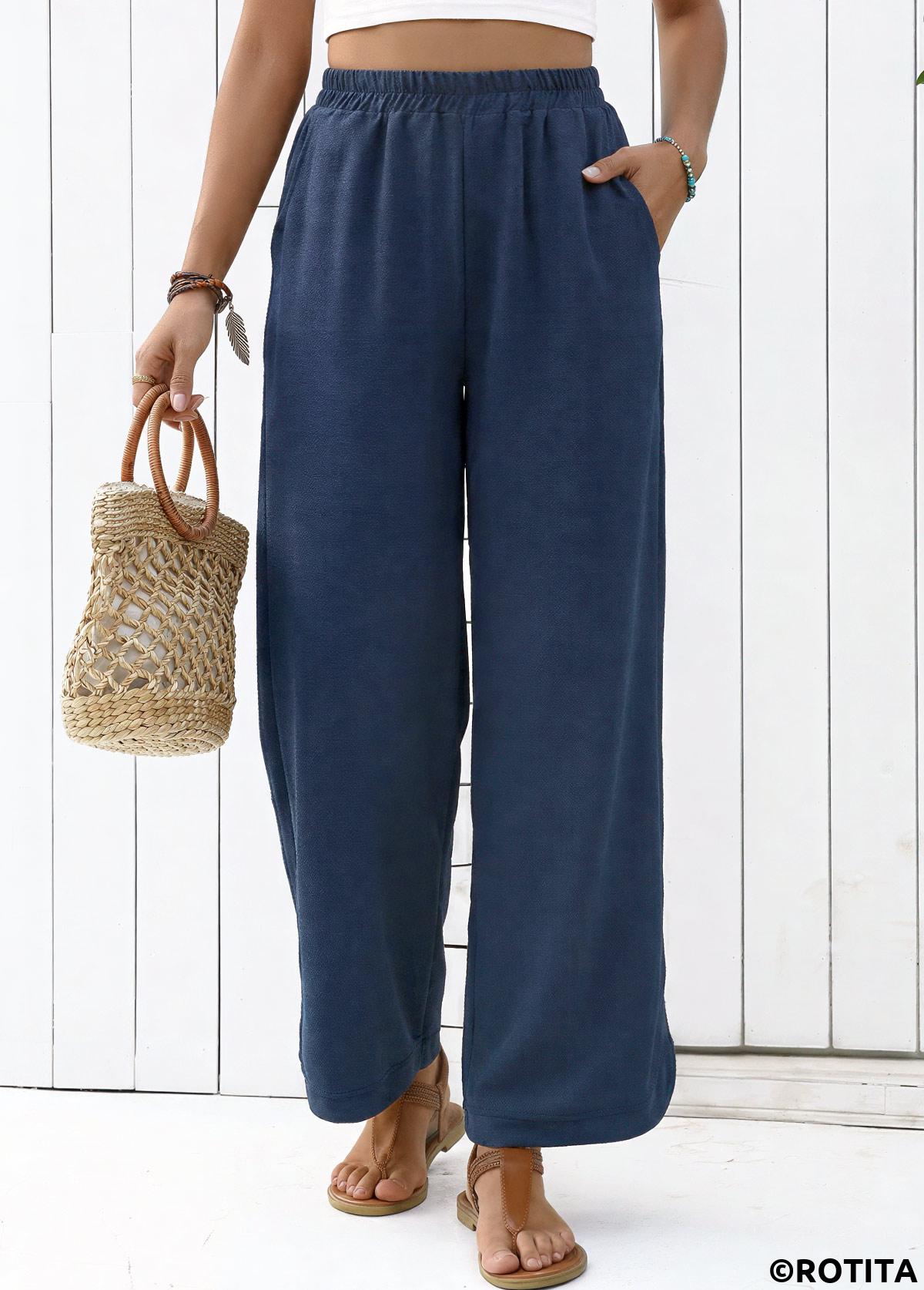 Navy bottoms,Plain Color bottoms,Navy Straight Leg Elastic Waist High Waisted Pants
