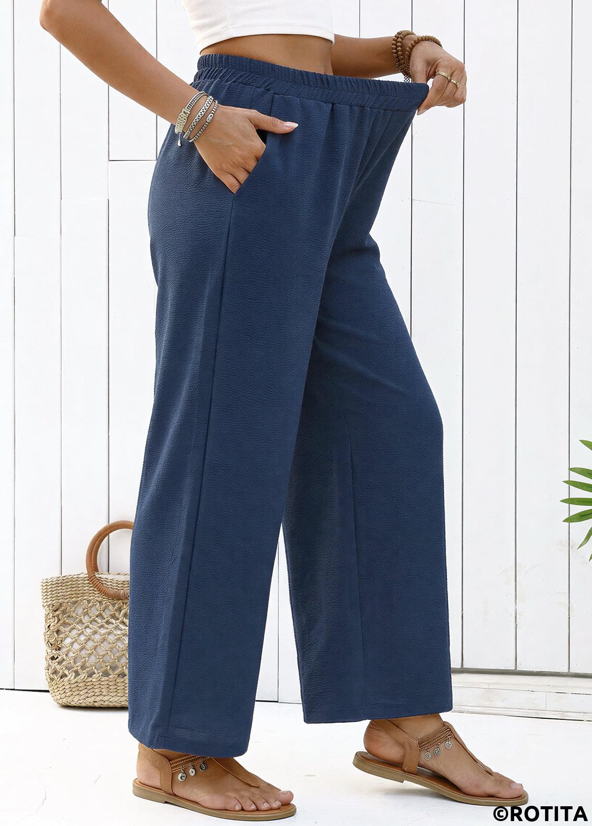 Navy bottoms,Plain Color bottoms,Navy Straight Leg Elastic Waist High Waisted Pants