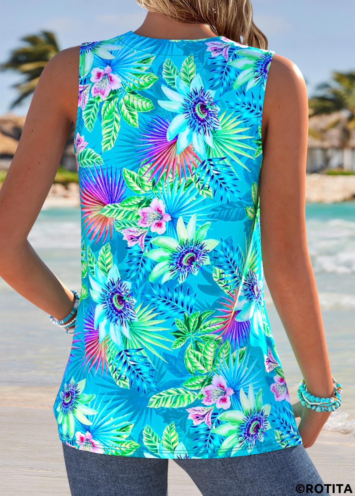 Cyan tops,Animal Print tops,ROTITA Marine Life Print Cyan V Neck Sleeveless Tank Top