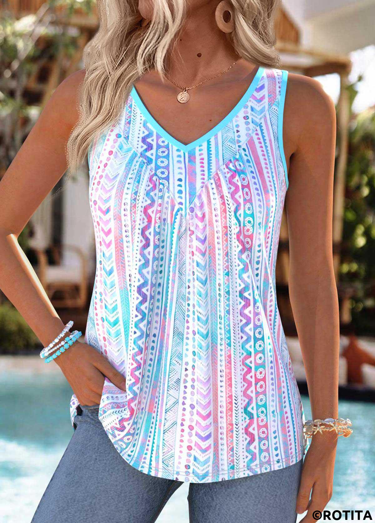 Multi Color tops,Geometric tops,ROTITA Tummy Coverage Geometric Print Multi Color Sleeveless Tank Top