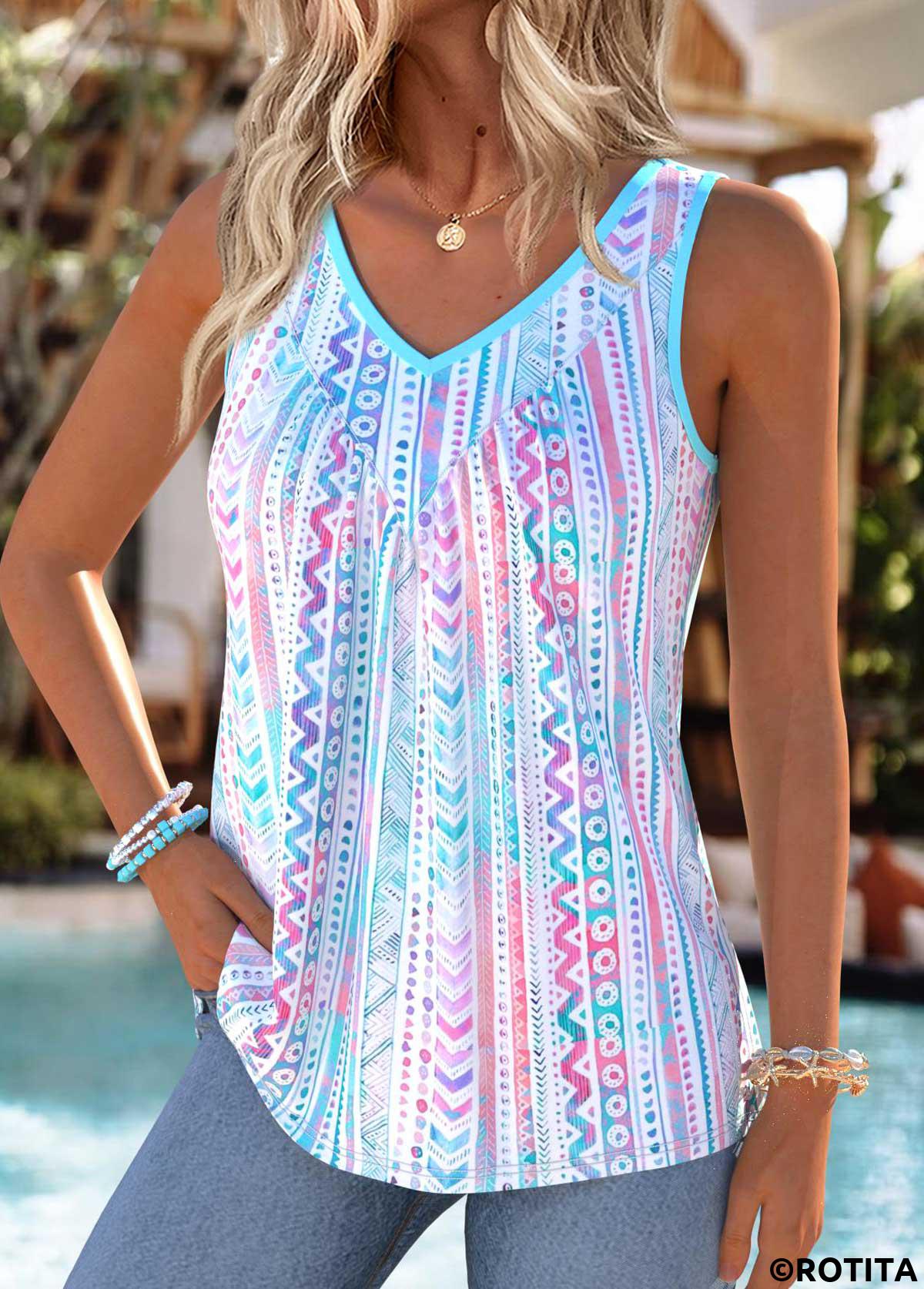 Multi Color tops,Geometric tops,ROTITA Tummy Coverage Geometric Print Multi Color Sleeveless Tank Top