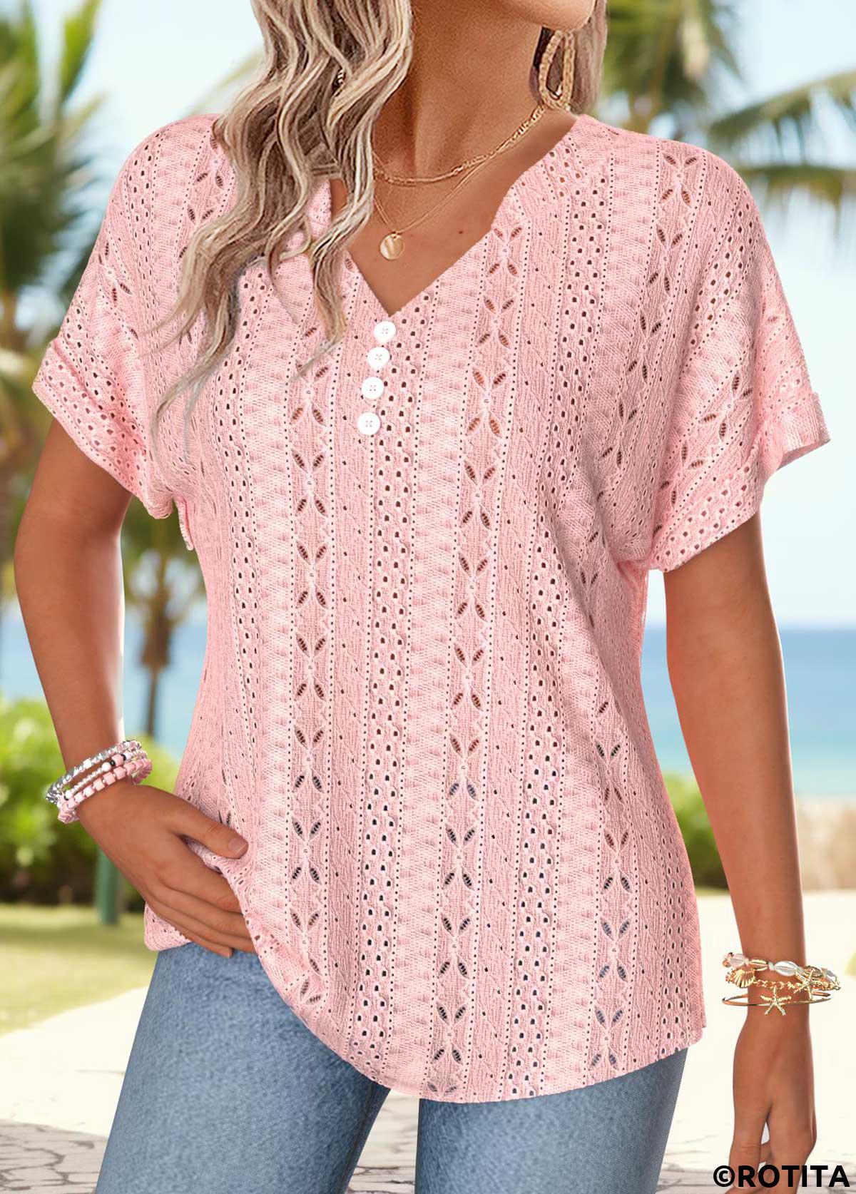 Light Pink tops,Plain Color tops,ROTITA Tummy Coverage Light Pink Split Neck T Shirt