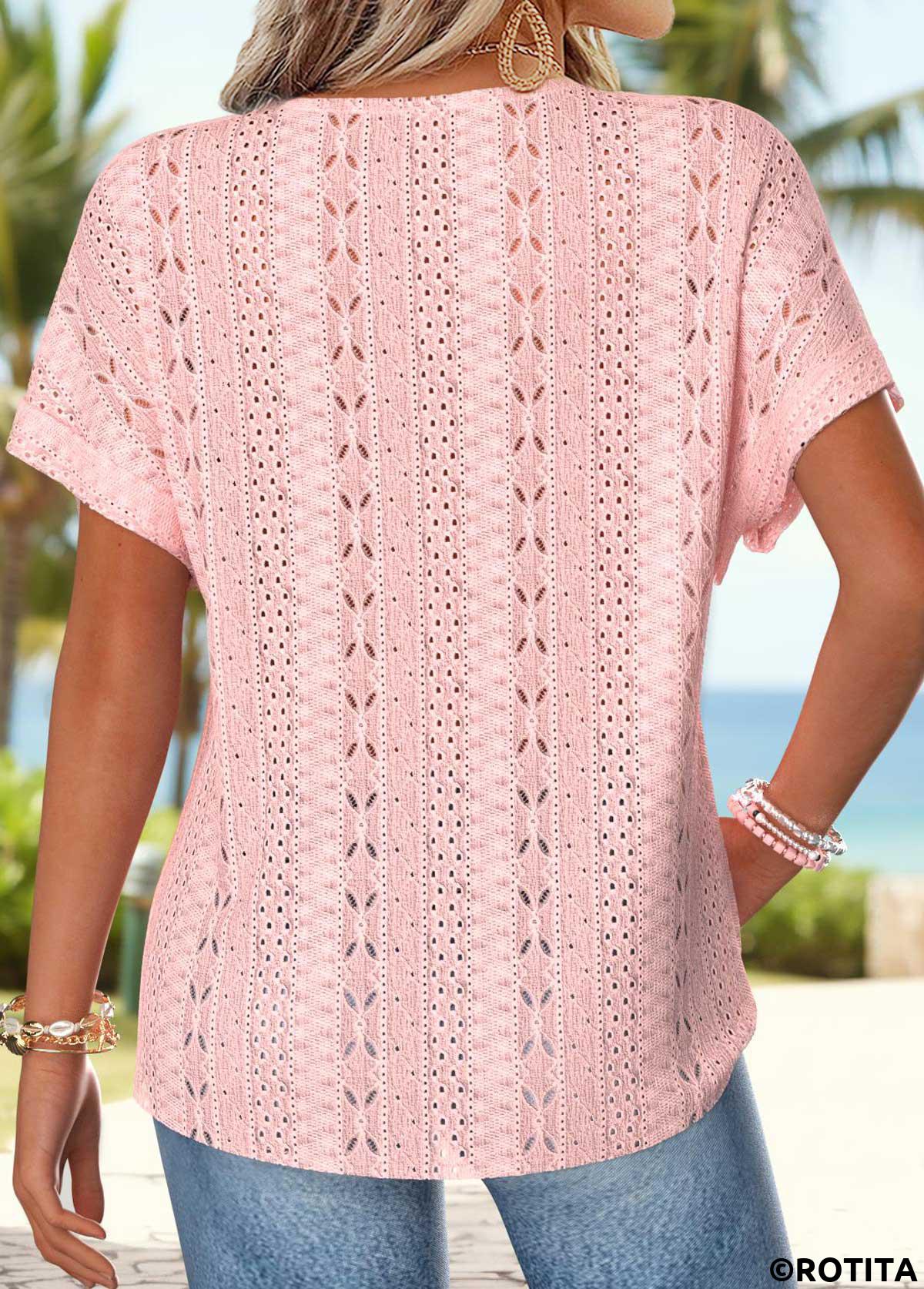 Light Pink tops,Plain Color tops,ROTITA Tummy Coverage Light Pink Split Neck T Shirt