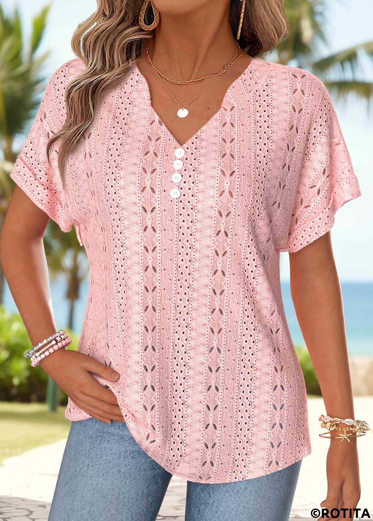 Light Pink tops,Plain Color tops,ROTITA Tummy Coverage Light Pink Split Neck T Shirt