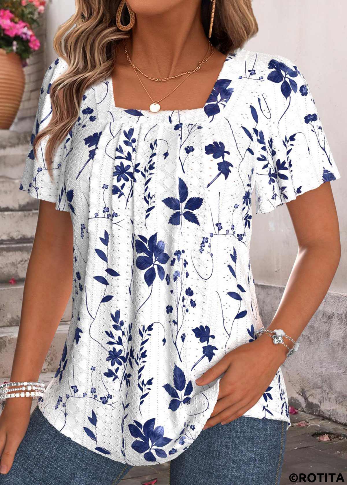White tops,Floral tops,Plants tops,ROTITA Tummy Coverage Floral Print White Square Neck T Shirt
