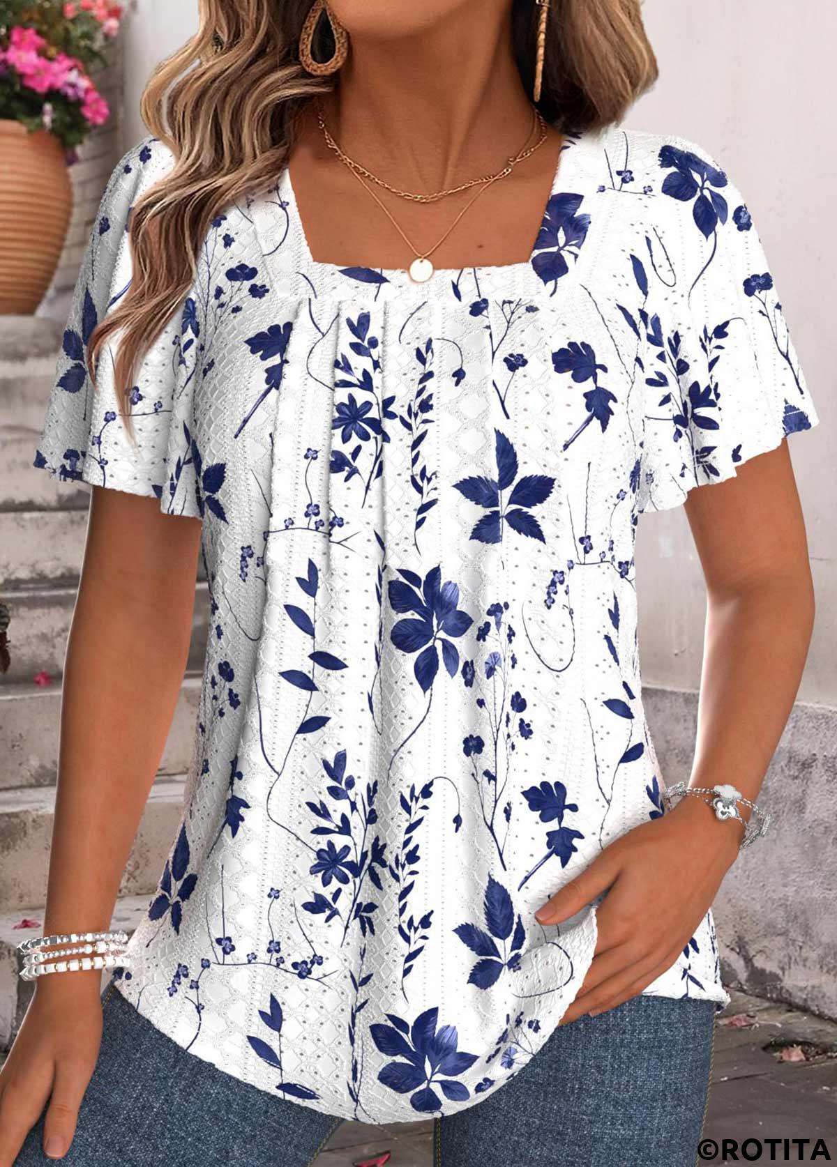 White tops,Floral tops,Plants tops,ROTITA Tummy Coverage Floral Print White Square Neck T Shirt