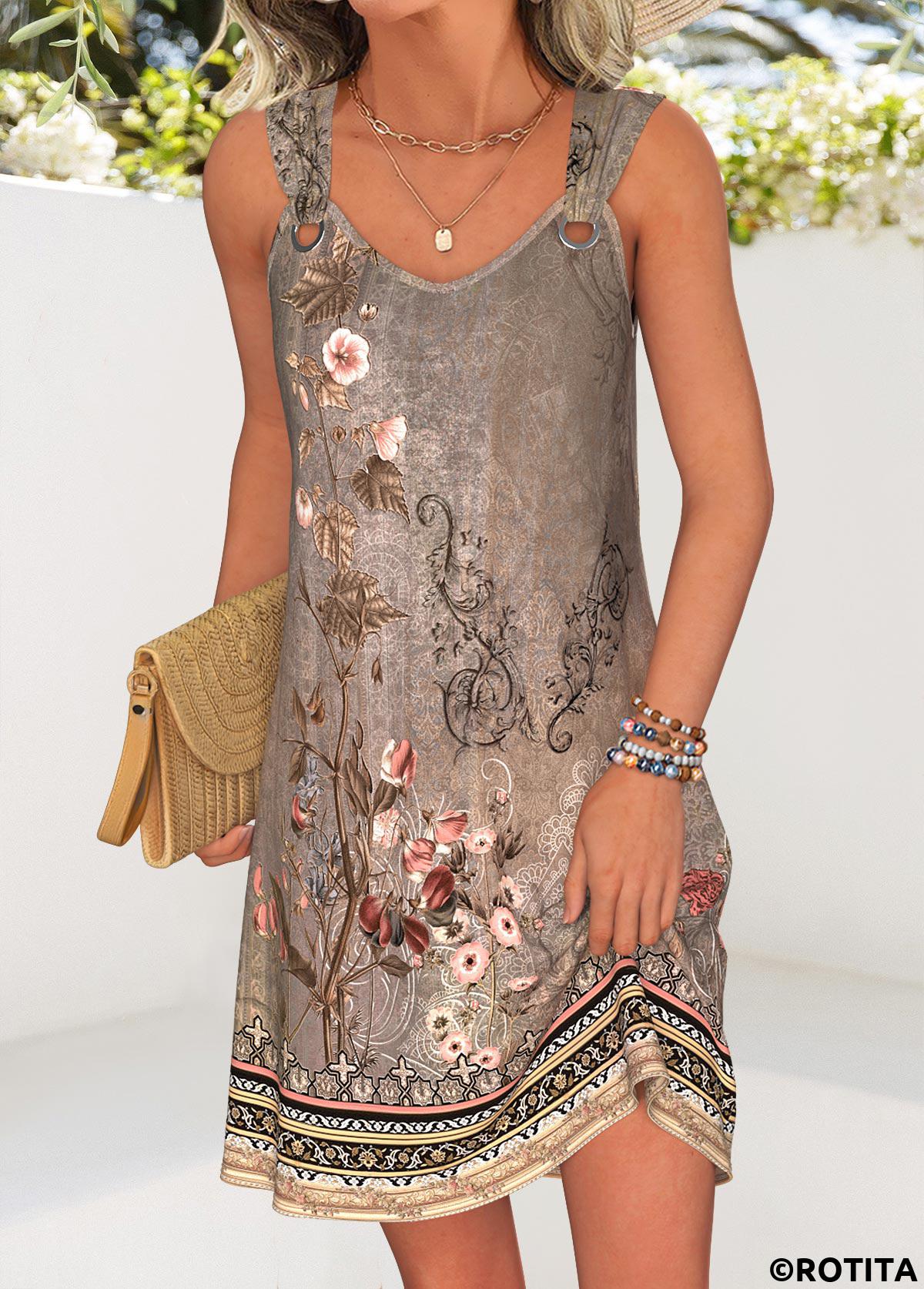 Gray Brown dresses,Plants dresses,Floral dresses,Everyday dresses,Casual dresses,ROTITA Tummy Coverage Random Floral Print Gray Brown Short Dress