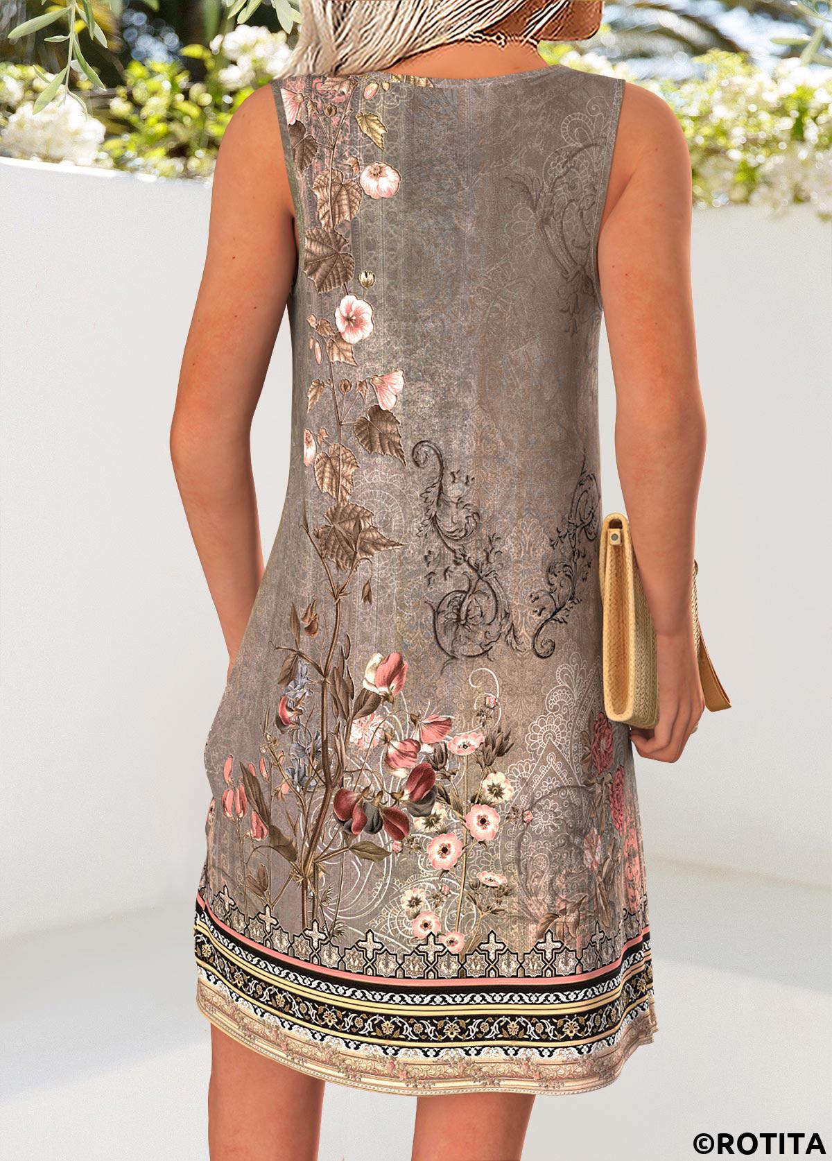 Gray Brown dresses,Plants dresses,Floral dresses,Everyday dresses,Casual dresses,ROTITA Tummy Coverage Random Floral Print Gray Brown Short Dress