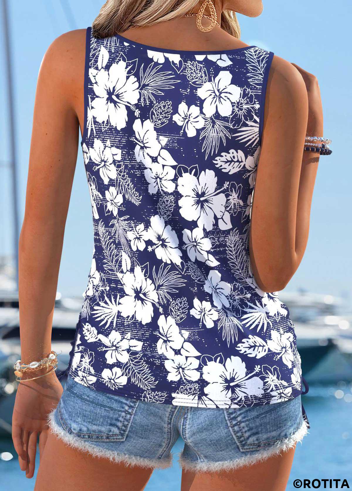 Navy tops,Floral tops,Plants tops,ROTITA Tummy Coverage Floral Print Navy Split Neck Tank Top