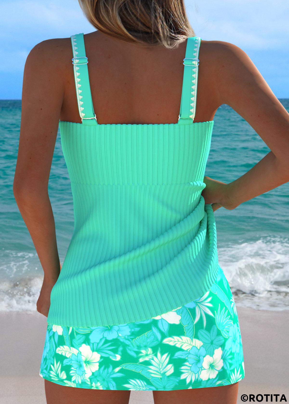 Mint Green swimwear,Floral swimwear,Plants swimwear,ROTITA Tummy Coverage Mint Green Floral Print Tankini Set