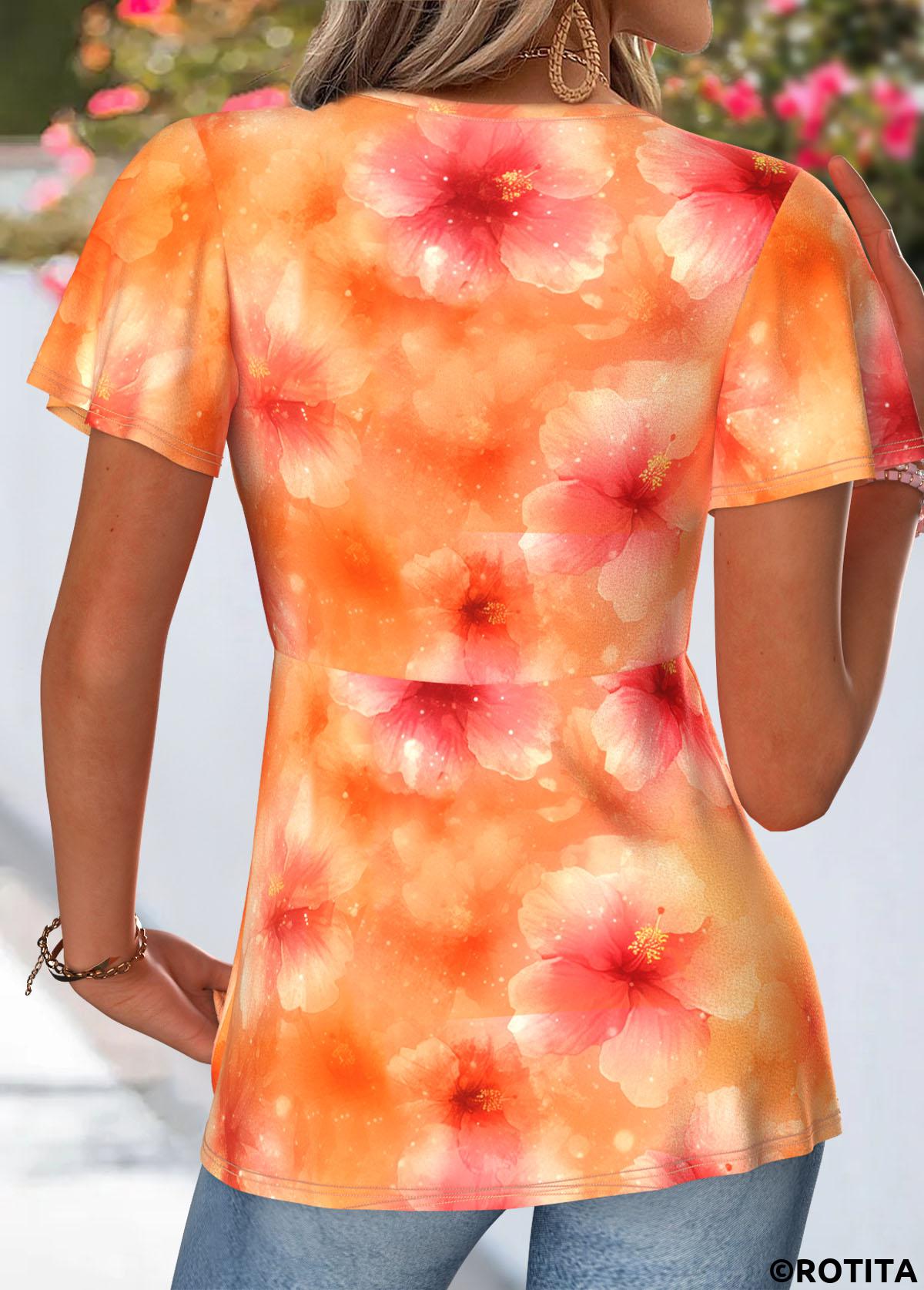 Orange tops,Floral tops,Plants tops,ROTITA Twist Floral Print Orange V Neck T Shirt