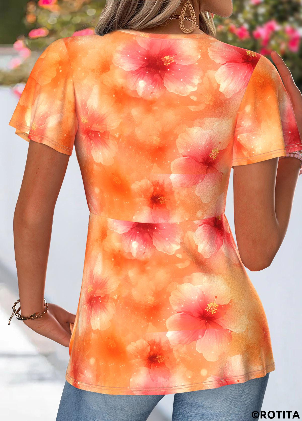 Orange tops,Floral tops,Plants tops,ROTITA Twist Floral Print Orange V Neck T Shirt