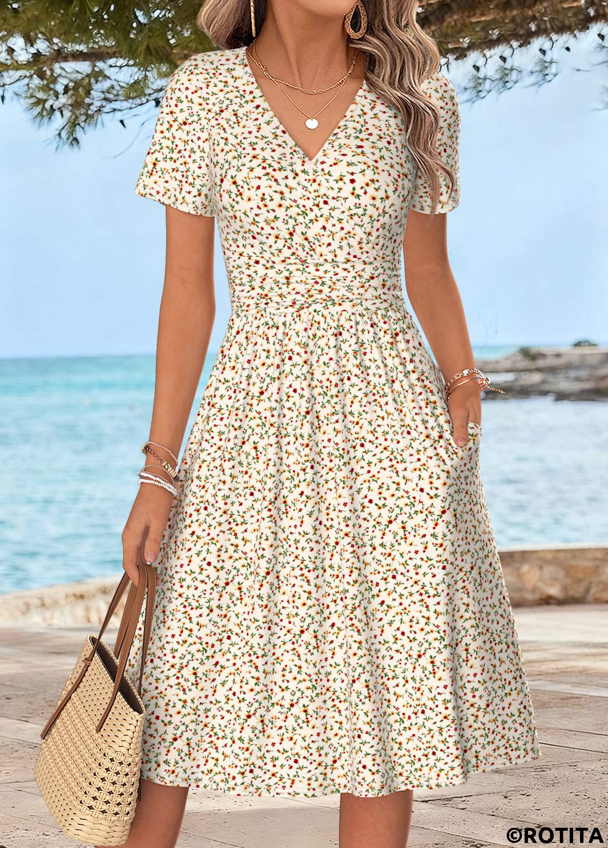 Multi Color dresses,Ditsy Floral dresses,Everyday dresses,Casual dresses,ROTITA Multi Color Ditsy Floral Print Tummy Coverage Dress