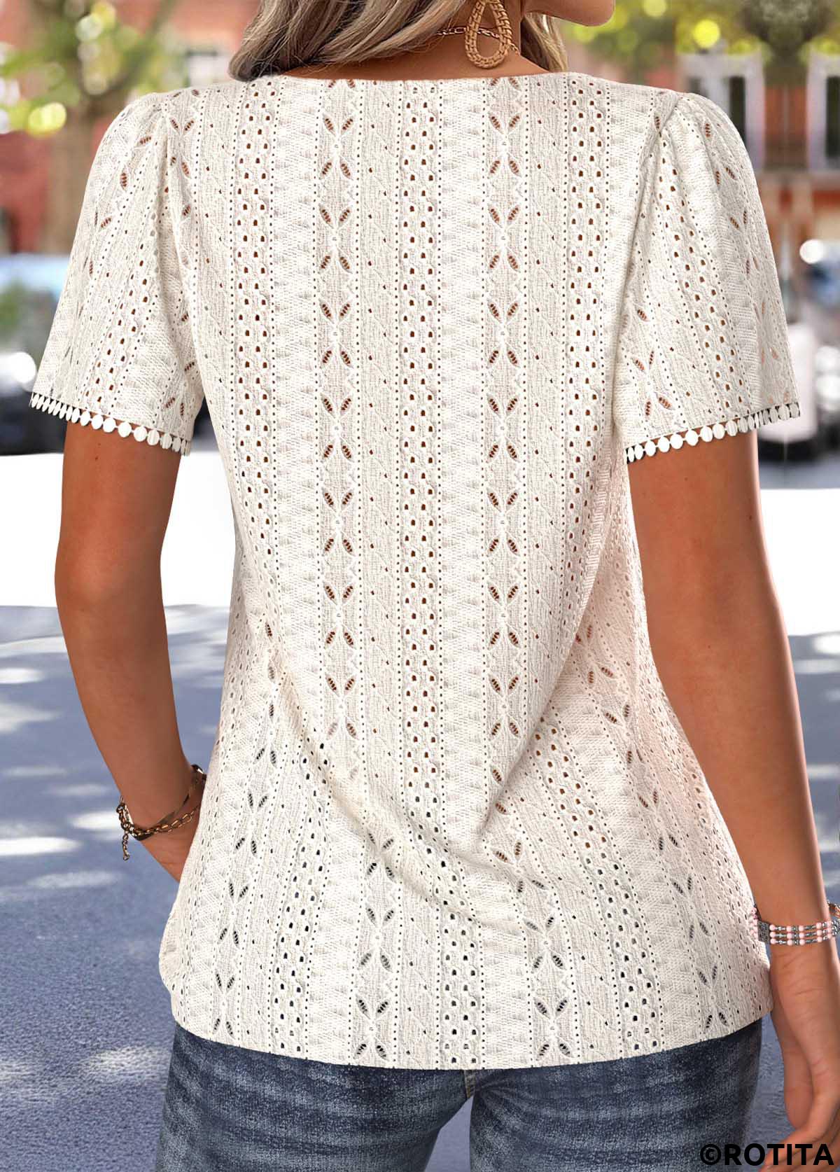 Beige tops,Plain Color tops,ROTITA Pleated Beige Square Neck Short Sleeve T Shirt