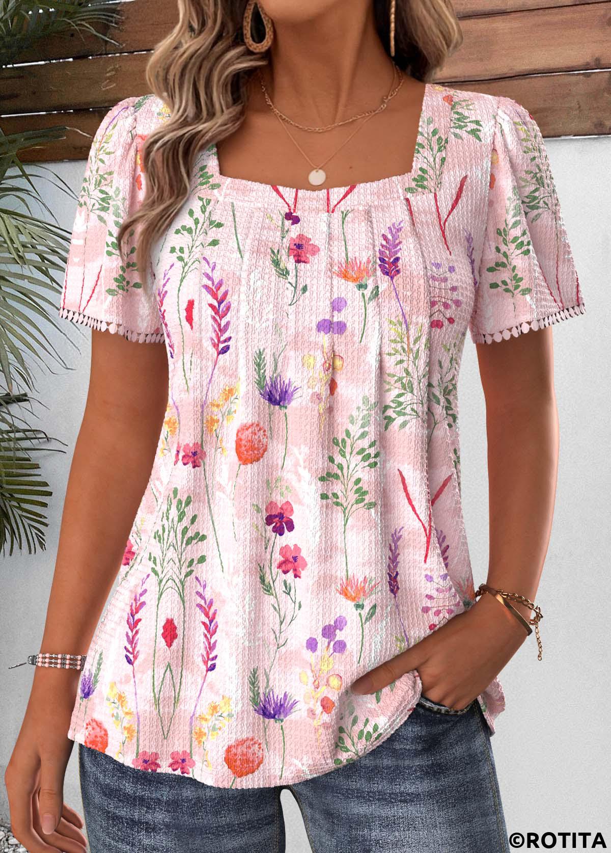 Light Pink tops,Floral tops,Plants tops,ROTITA Pleated Floral Print Light Pink Square Neck T Shirt