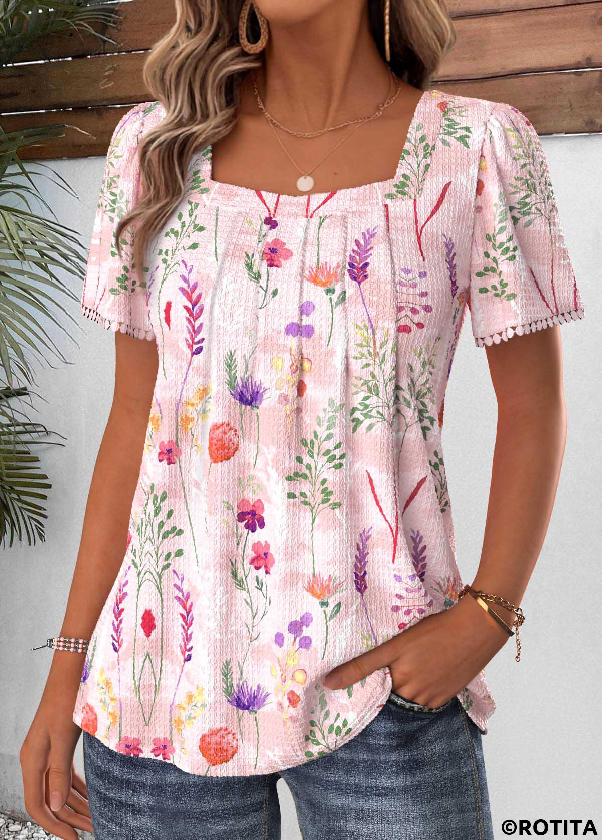 Light Pink tops,Floral tops,Plants tops,ROTITA Pleated Floral Print Light Pink Square Neck T Shirt