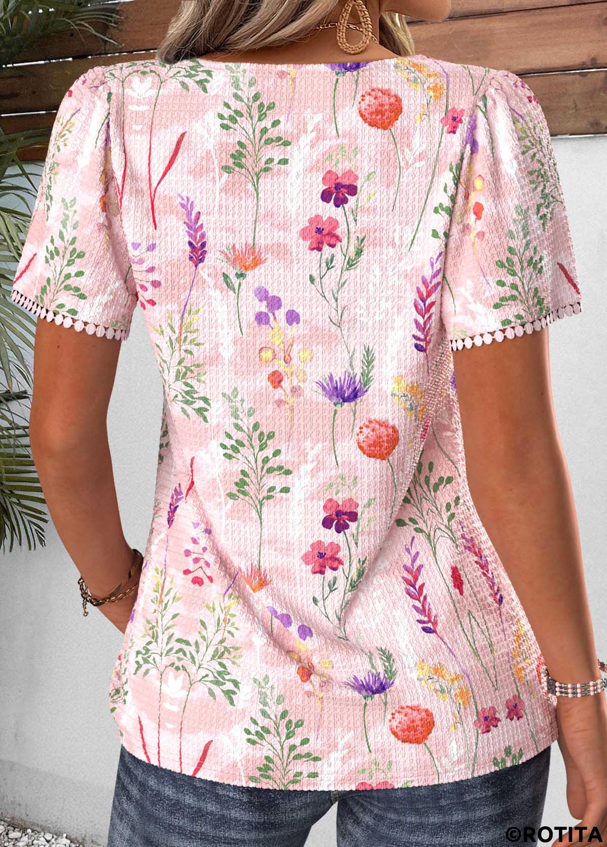 Light Pink tops,Floral tops,Plants tops,ROTITA Pleated Floral Print Light Pink Square Neck T Shirt