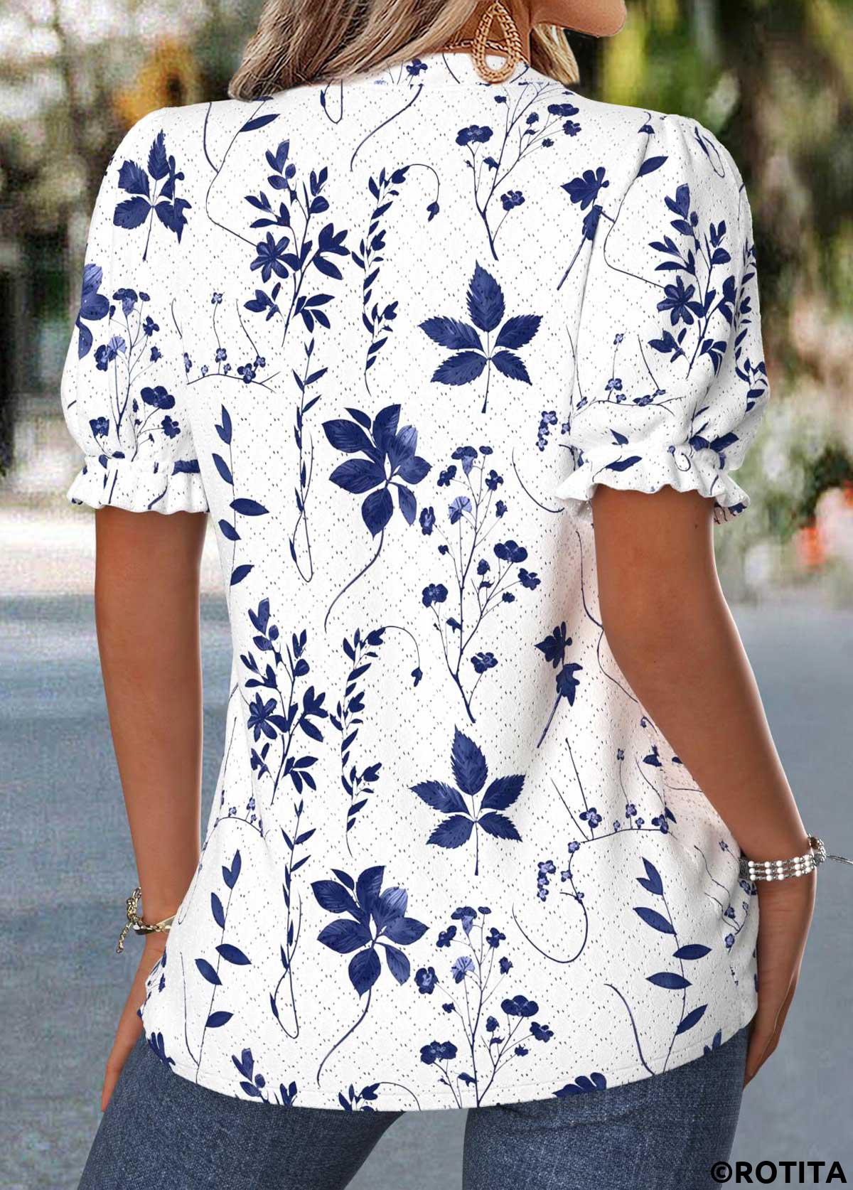 Raw white tops,Floral tops,Plants tops,ROTITA Tummy Coverage Floral Print Raw White Stand Collar Blouse