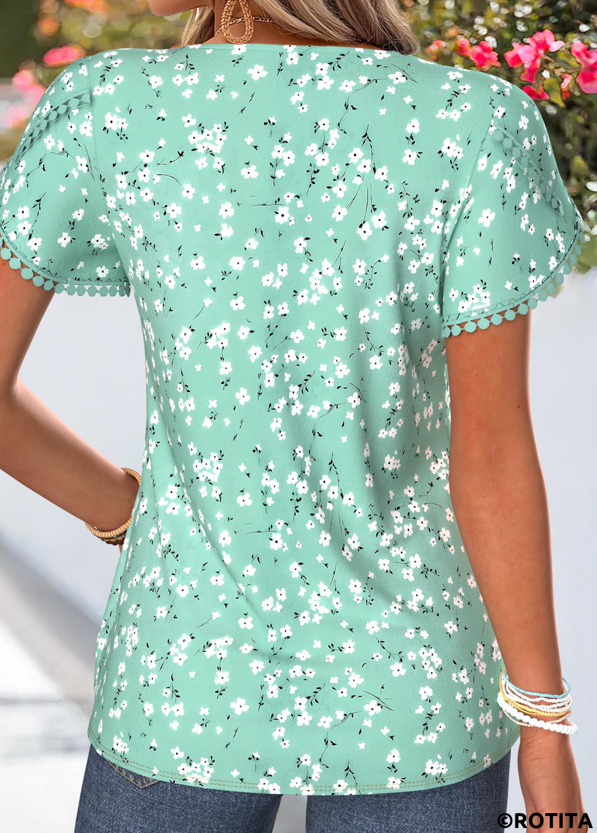 Light Green tops,Floral tops,Plants tops,ROTITA Patchwork Floral Print Light Green Split Neck T Shirt