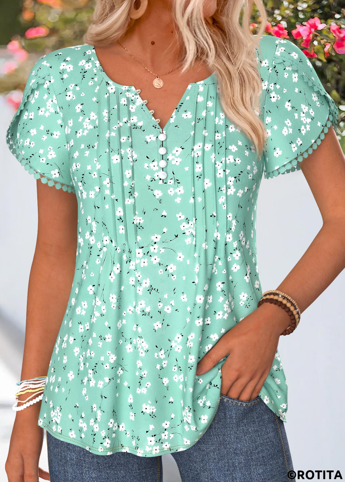 Light Green tops,Floral tops,Plants tops,ROTITA Patchwork Floral Print Light Green Split Neck T Shirt