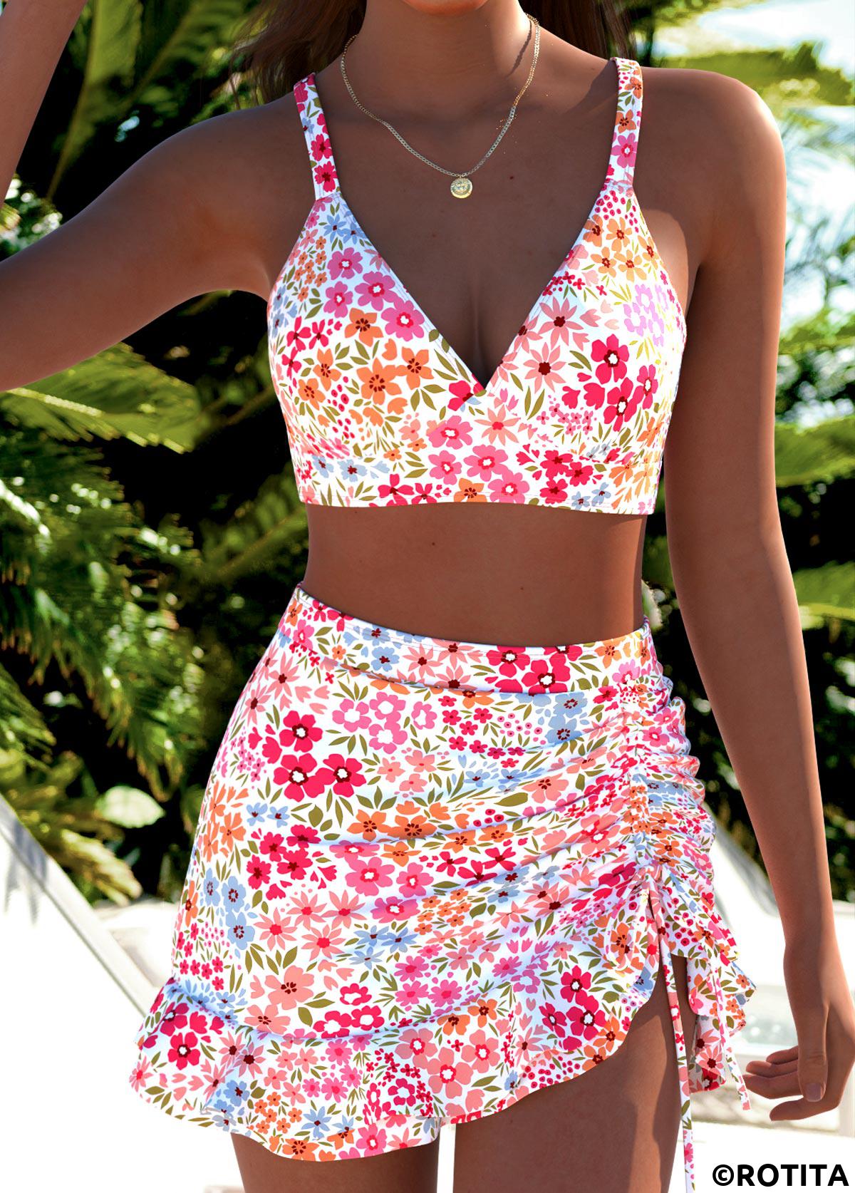 Pink swimwear,Ditsy Floral swimwear,ROTITA Pink Three-piece Ditsy Floral Print Mid Waisted Bikini Set