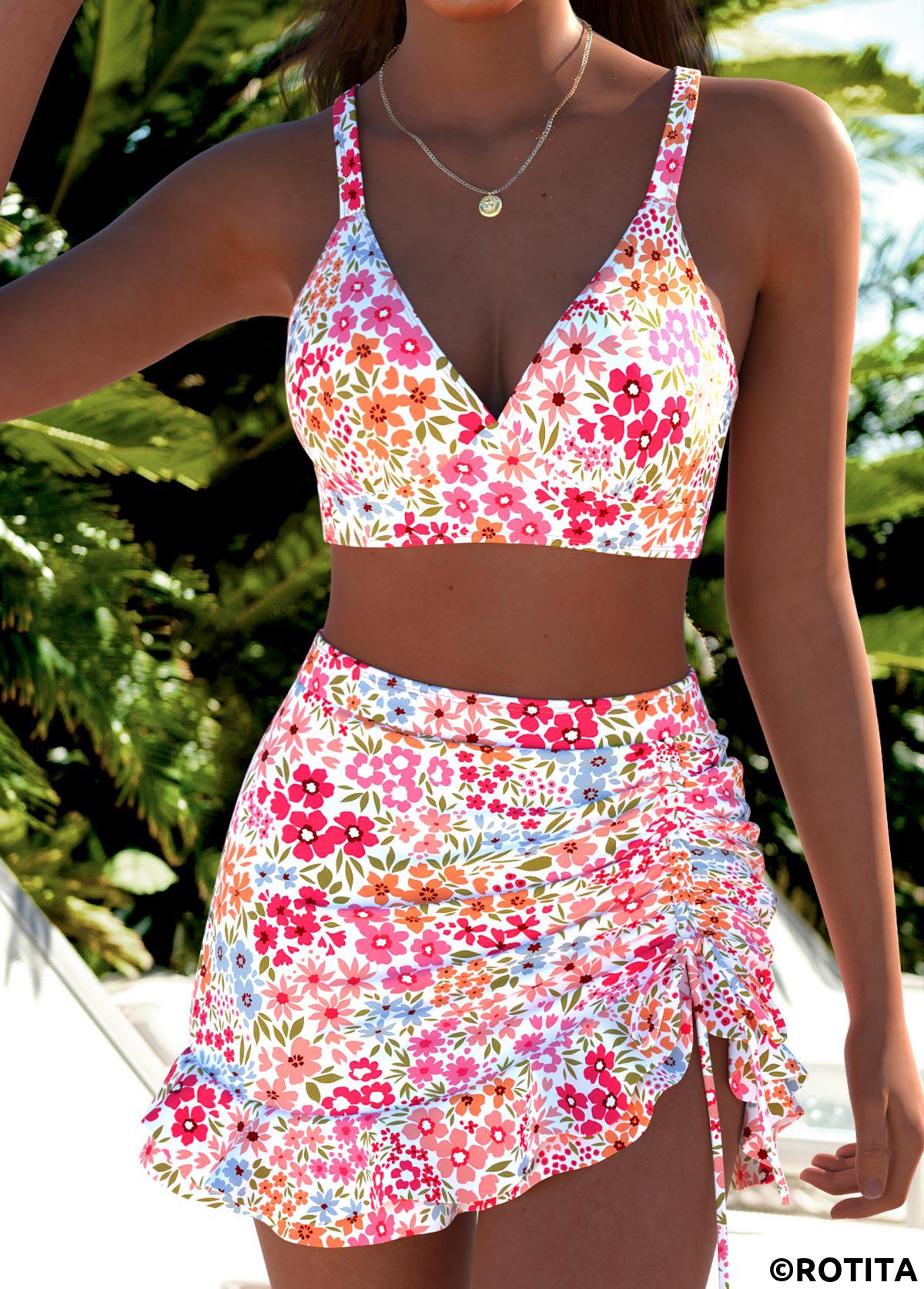 Pink swimwear,Ditsy Floral swimwear,ROTITA Pink Three-piece Ditsy Floral Print Mid Waisted Bikini Set