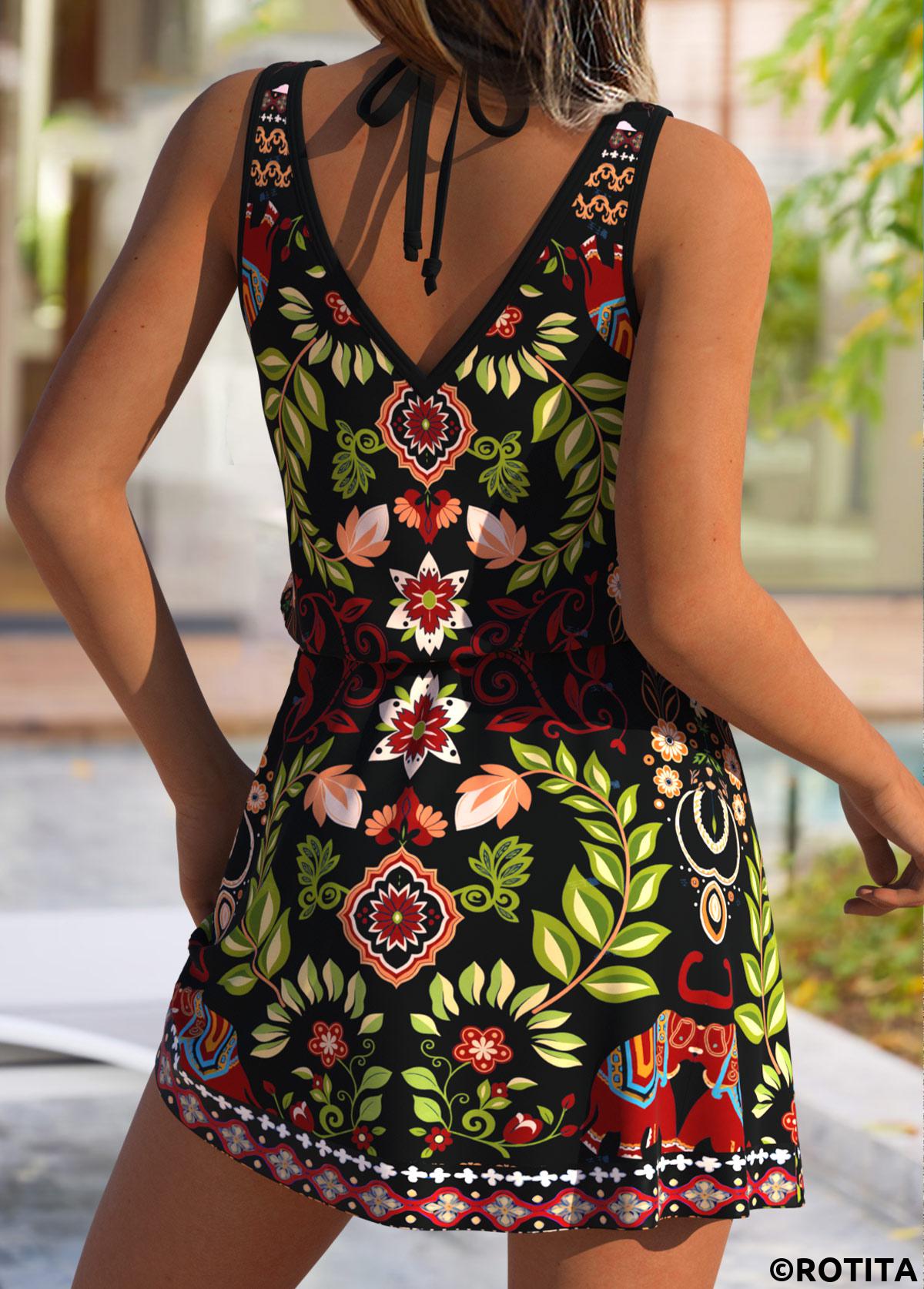 Black swimwear,Plants swimwear,ROTITA Tummy Coverage Black Leaf Print Cover Up