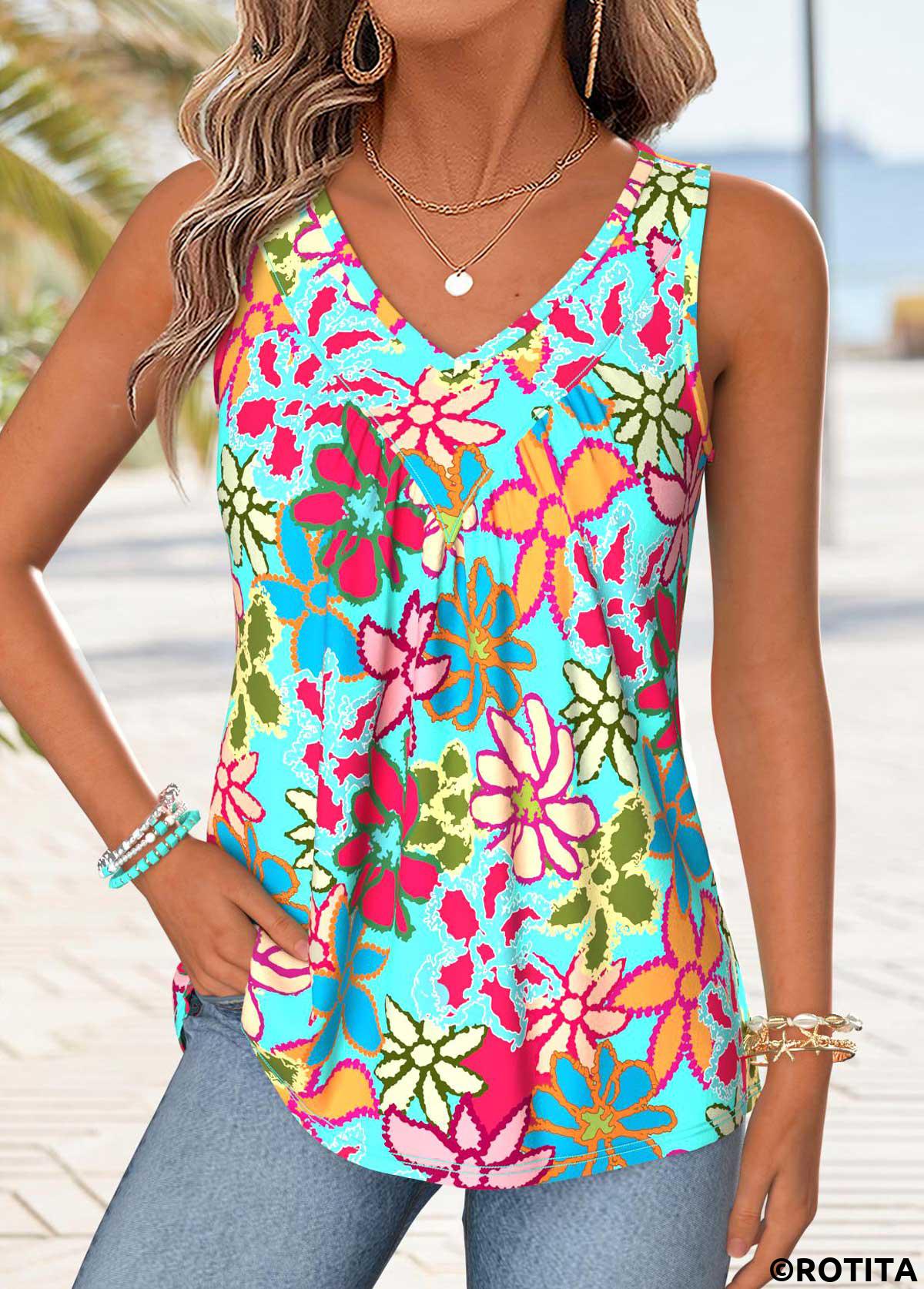 Multi Color tops,Floral tops,Plants tops,ROTITA Patchwork Floral Print Multi Color V Neck Tank Top