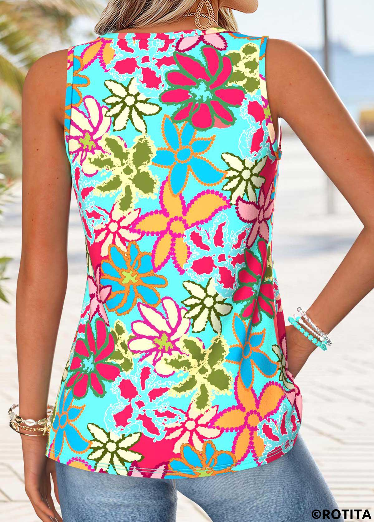 Multi Color tops,Floral tops,Plants tops,ROTITA Patchwork Floral Print Multi Color V Neck Tank Top