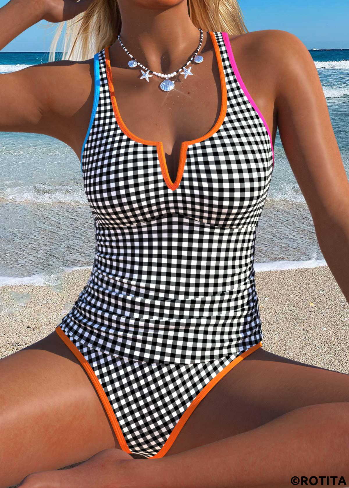 Black swimwear,Plaid swimwear,Geometric swimwear,ROTITA Black Patchwork Gingham Print Mid Waisted Tankini Set