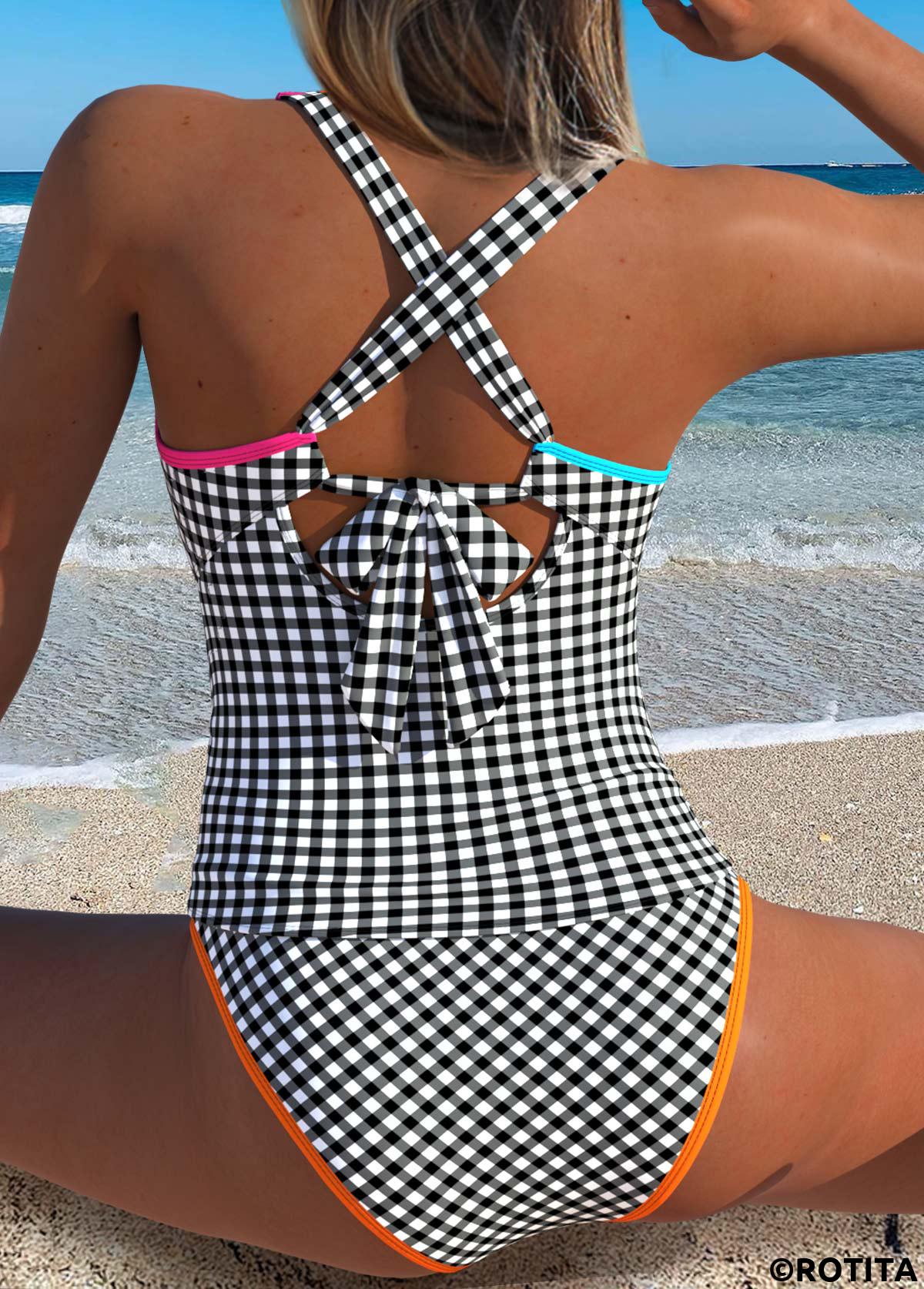 Black swimwear,Plaid swimwear,Geometric swimwear,ROTITA Black Patchwork Gingham Print Mid Waisted Tankini Set