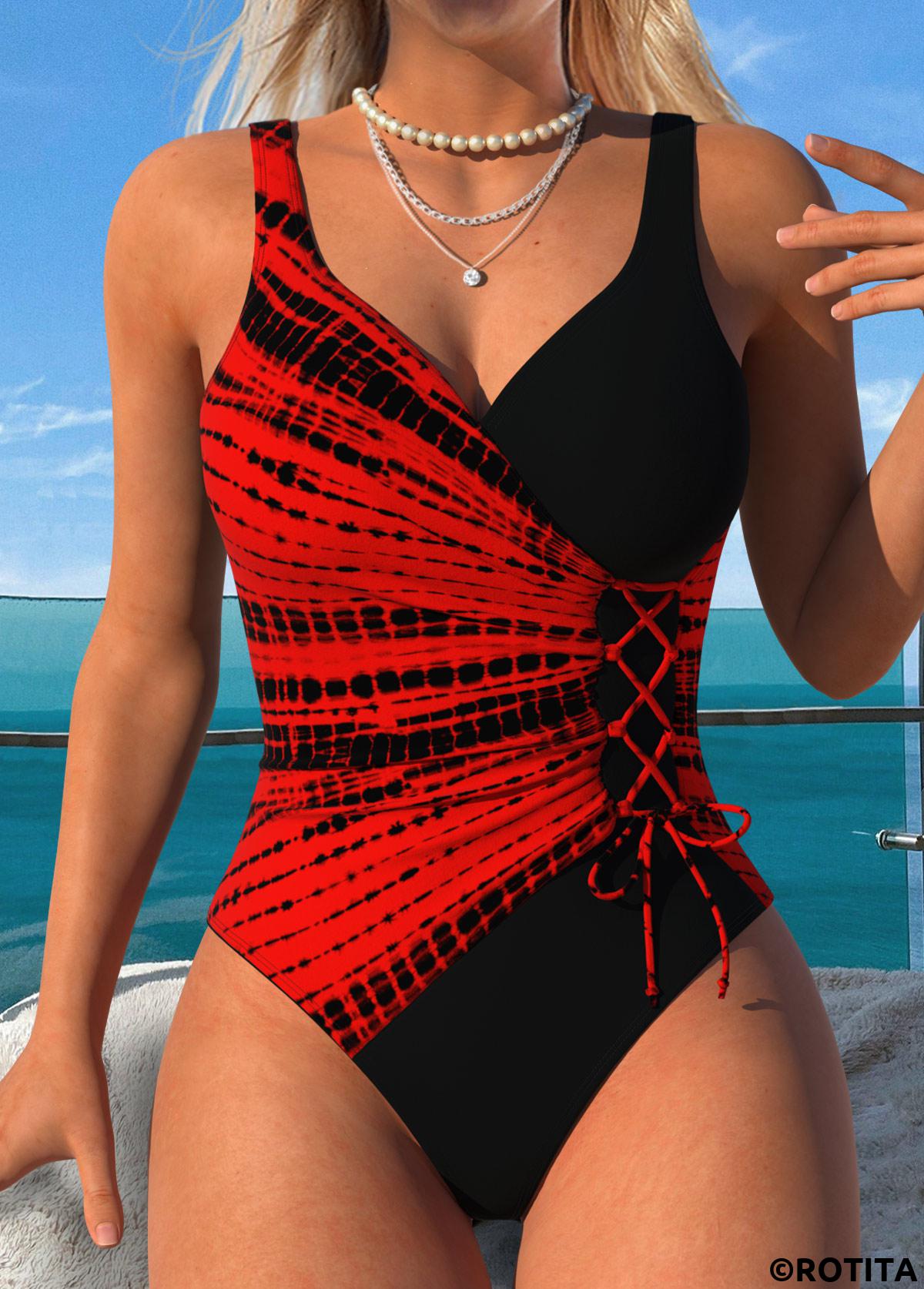 Red swimwear,Tie Dye swimwear,ROTITA Pull On Red Tie Dye Print One Piece Swimwear