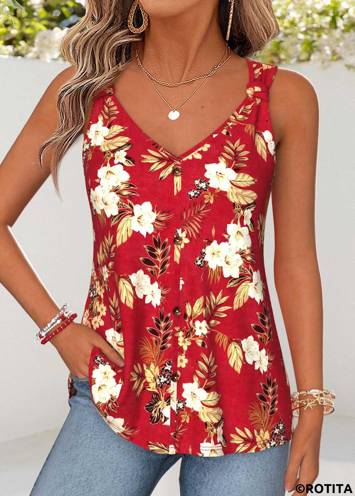 Red tops,Floral tops,Plants tops,ROTITA Curved Hem Floral Print Red V Neck Tank Top