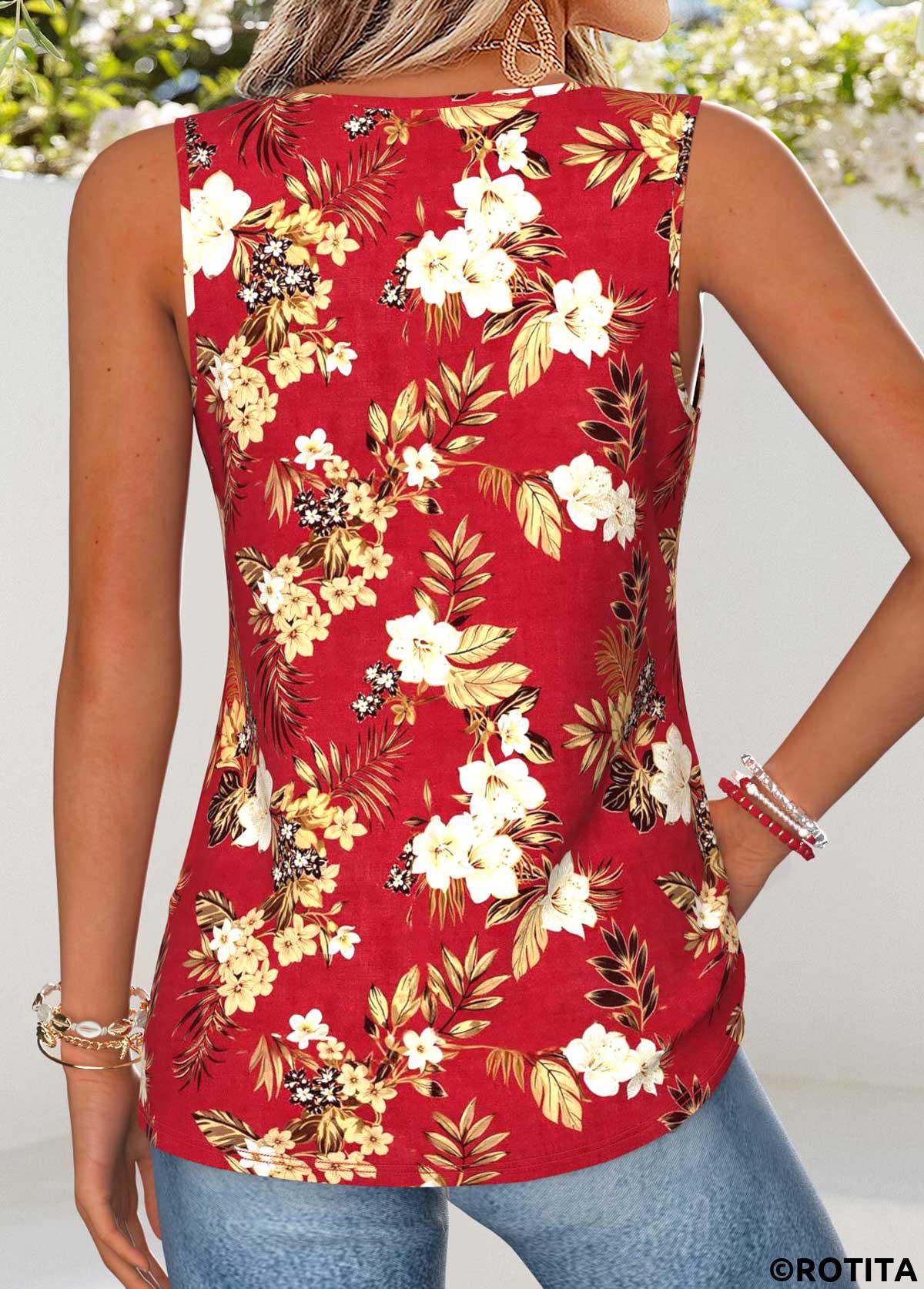 Red tops,Floral tops,Plants tops,ROTITA Curved Hem Floral Print Red V Neck Tank Top