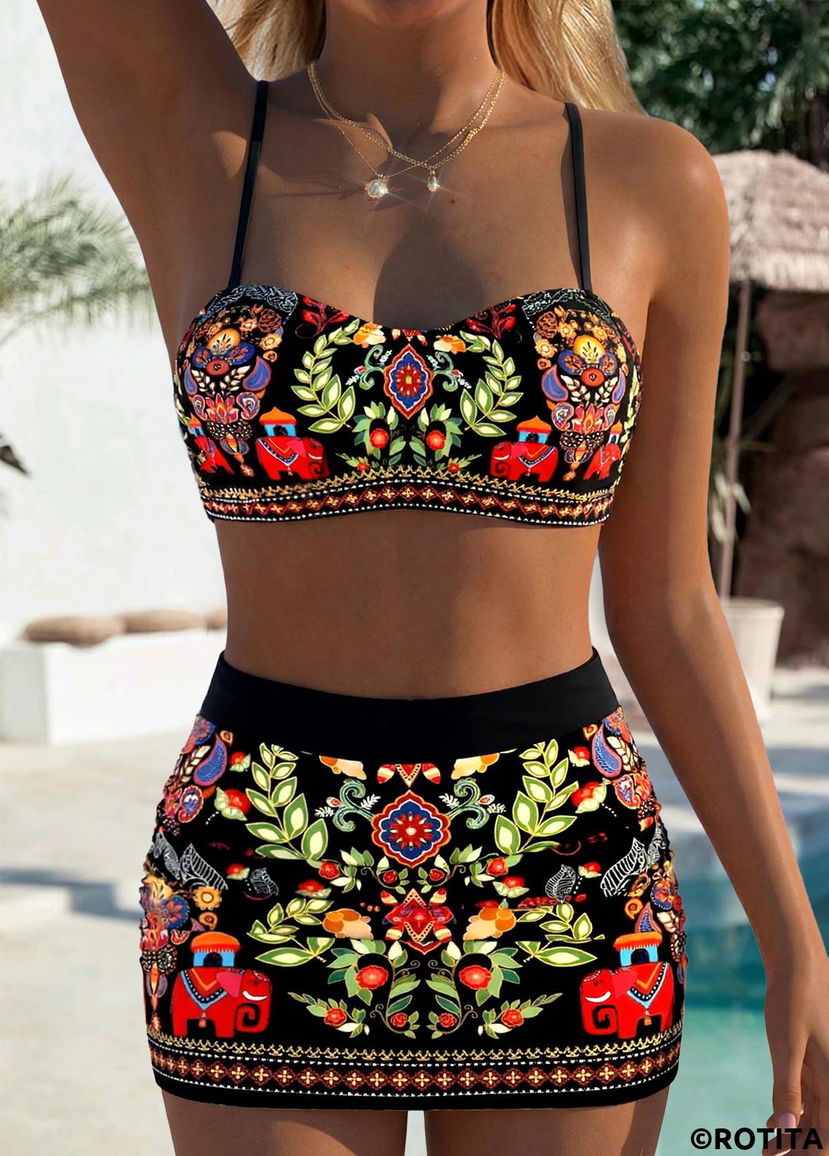 Black swimwear,Tribal swimwear,Floral swimwear,ROTITA Black Patchwork Tribal Print High Waisted Bikini Set