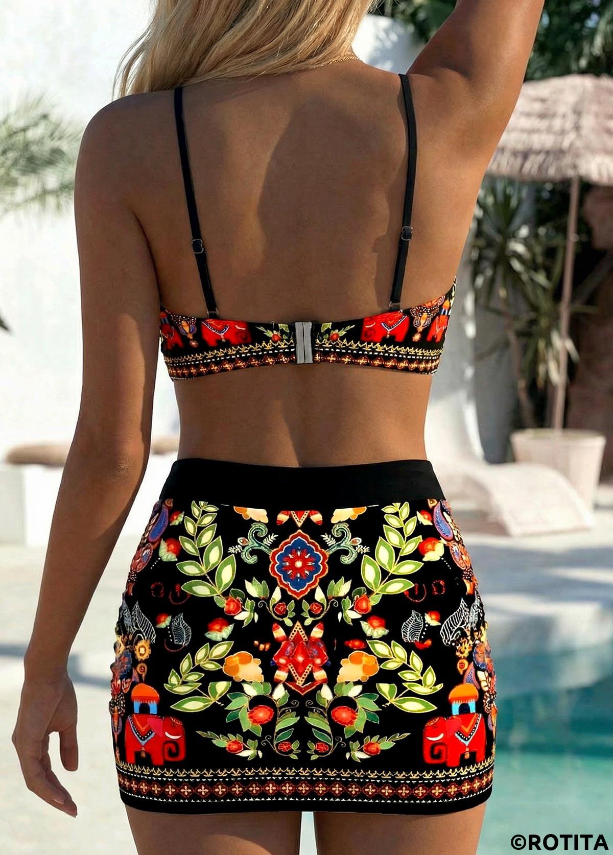 Black swimwear,Tribal swimwear,Floral swimwear,ROTITA Black Patchwork Tribal Print High Waisted Bikini Set