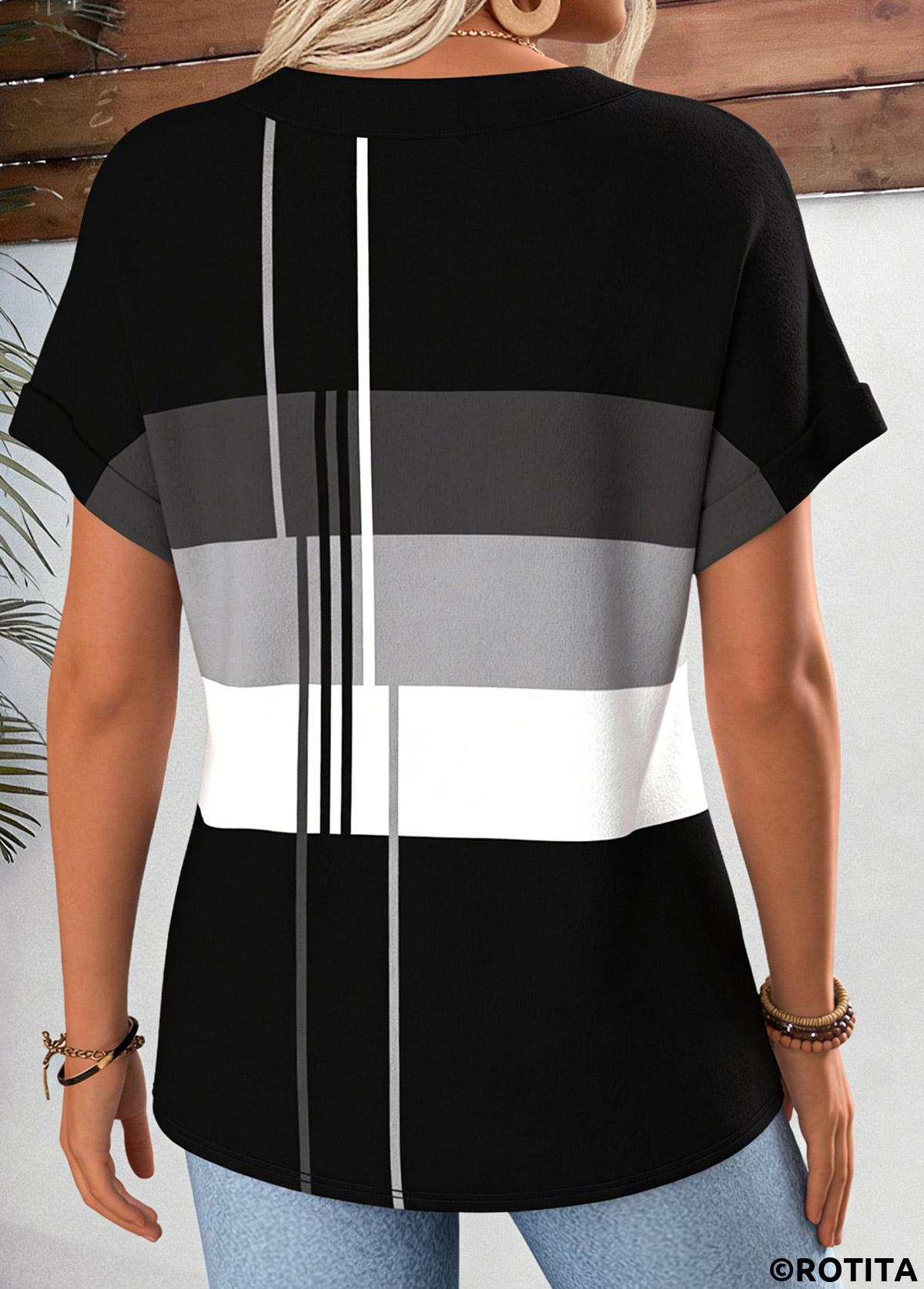 Black tops,Geometric tops,ROTITA Tummy Coverage Geometric Print Black V Neck T Shirt