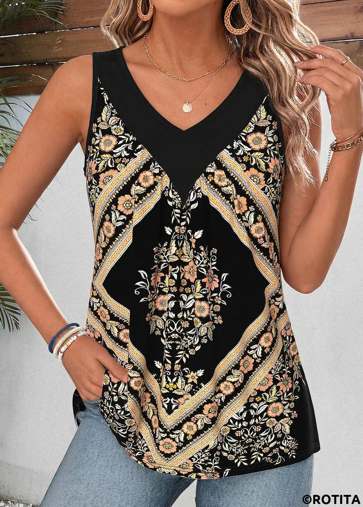 Black tops,Tribal tops,ROTITA Patchwork Tribal Print Black V Neck Tank Top