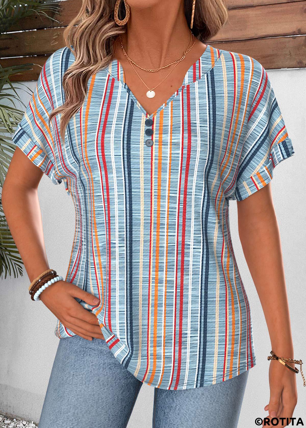 Multi Color tops,Striped tops,ROTITA Tummy Coverage Geometric Print Multi Color T Shirt