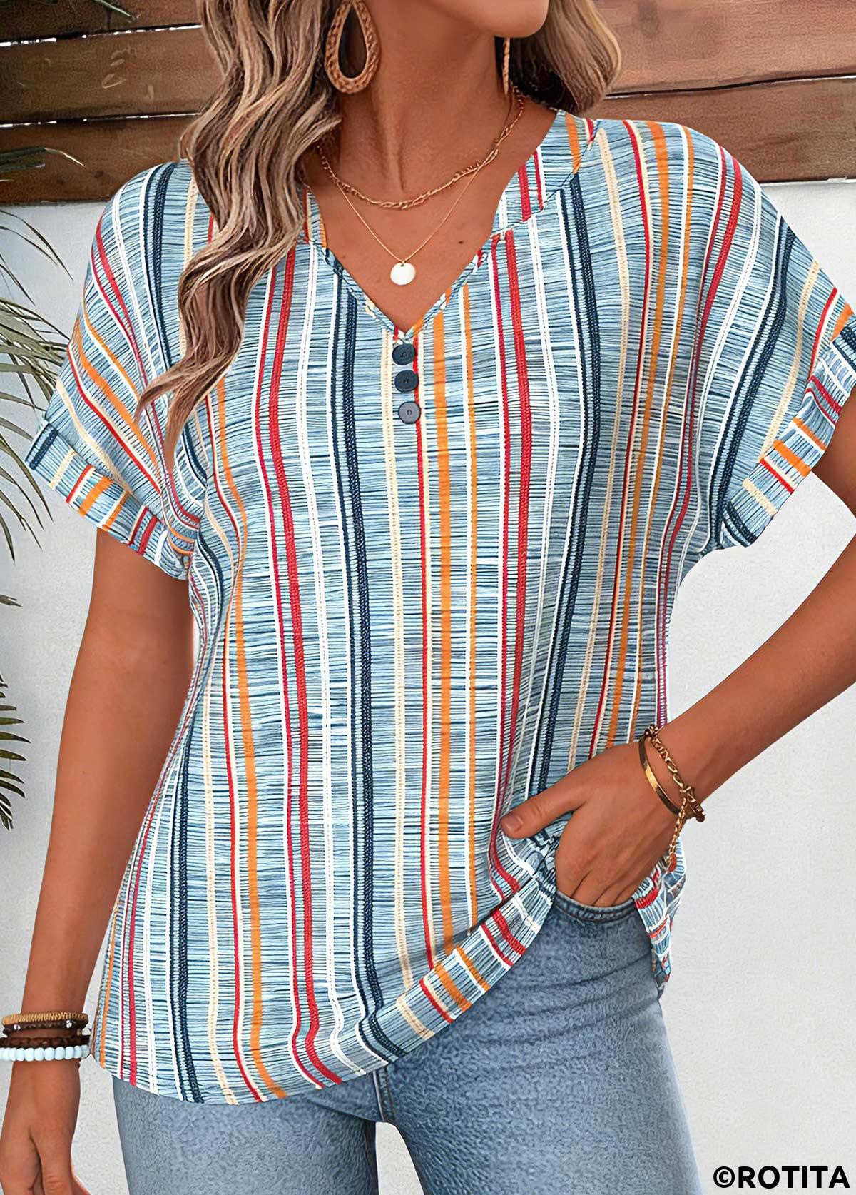 Multi Color tops,Striped tops,ROTITA Tummy Coverage Geometric Print Multi Color T Shirt