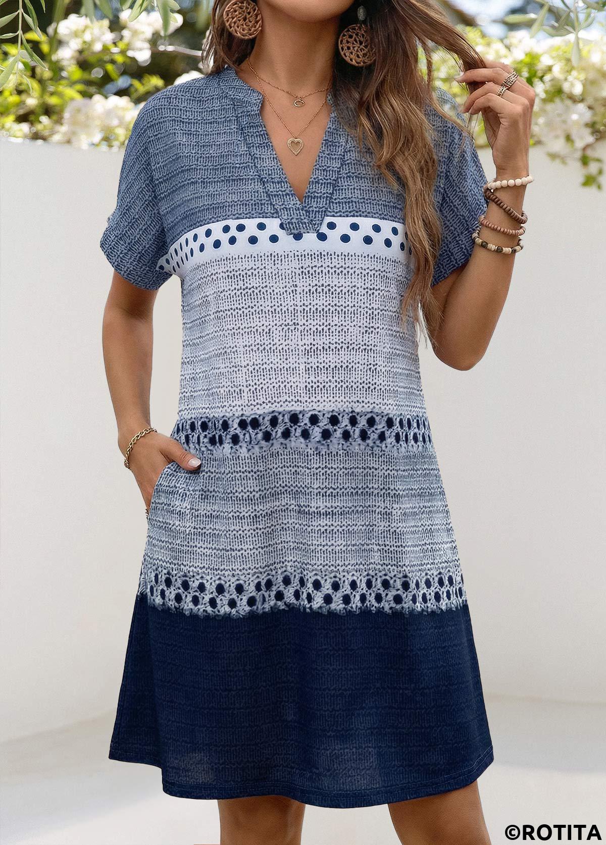 Blue dresses,Geometric dresses,Vacation dresses,Vacation dresses,ROTITA Blue Geometric Print Patch Pocket Short Split Neck Dress