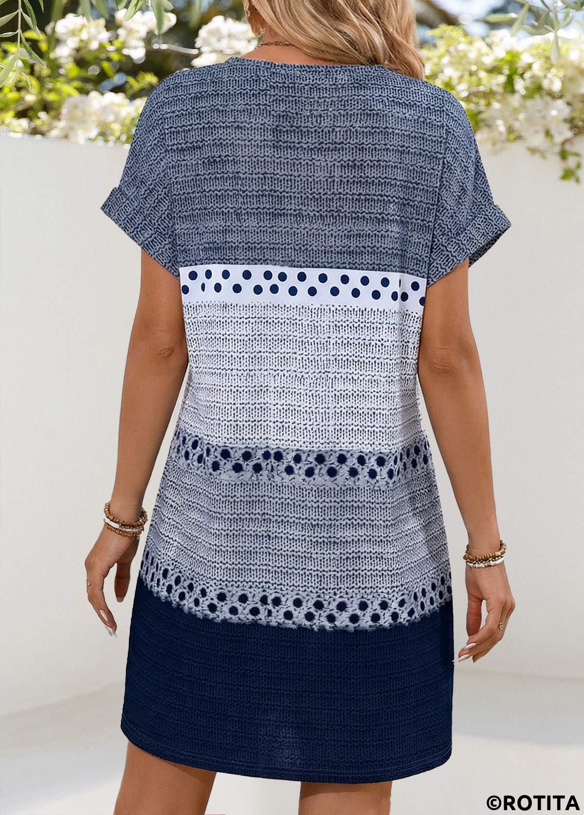 Blue dresses,Geometric dresses,Vacation dresses,Vacation dresses,ROTITA Blue Geometric Print Patch Pocket Short Split Neck Dress