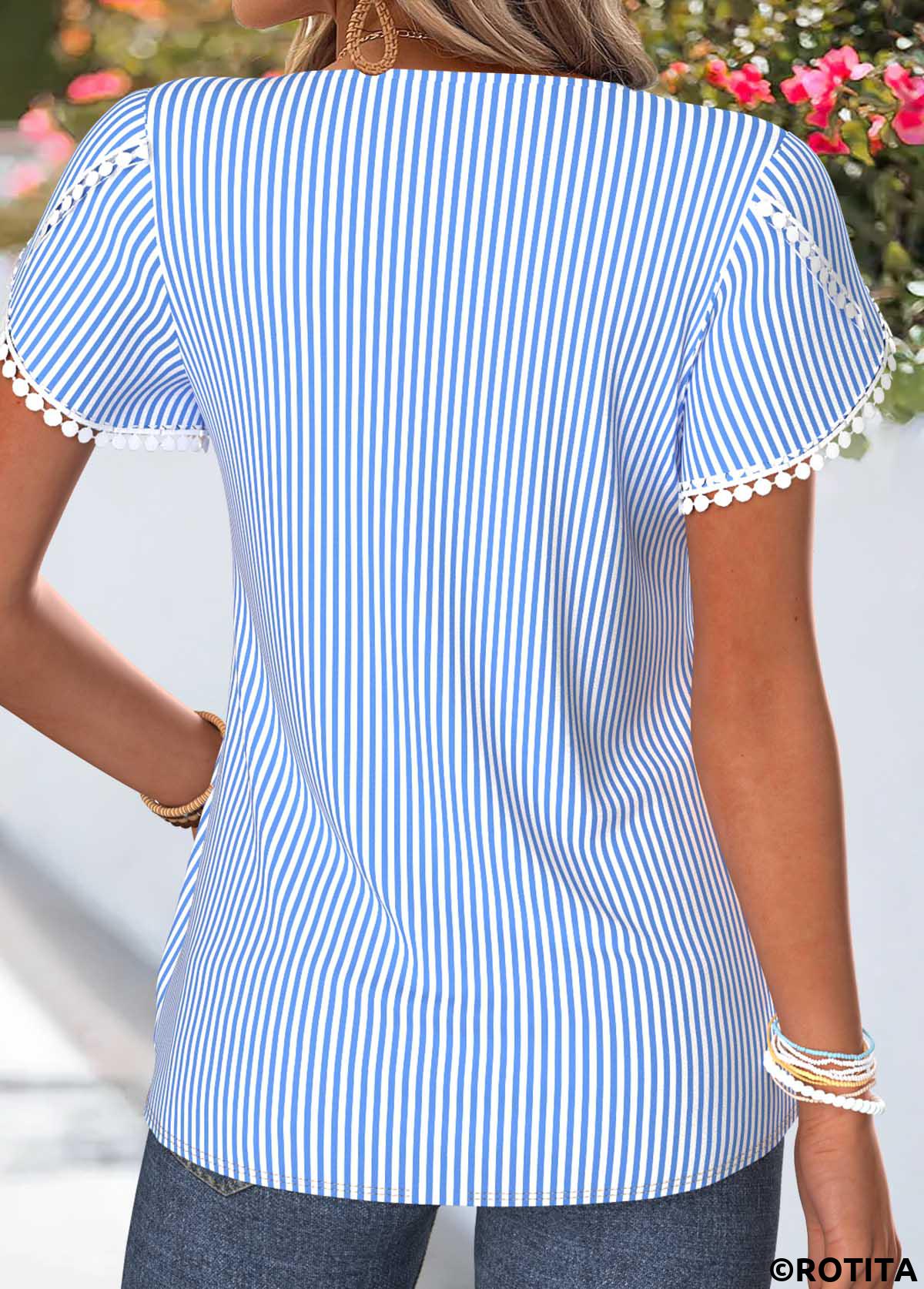 Blue tops,Striped tops,Geometric tops,ROTITA Patchwork Striped Blue Split Neck Short Sleeve T Shirt