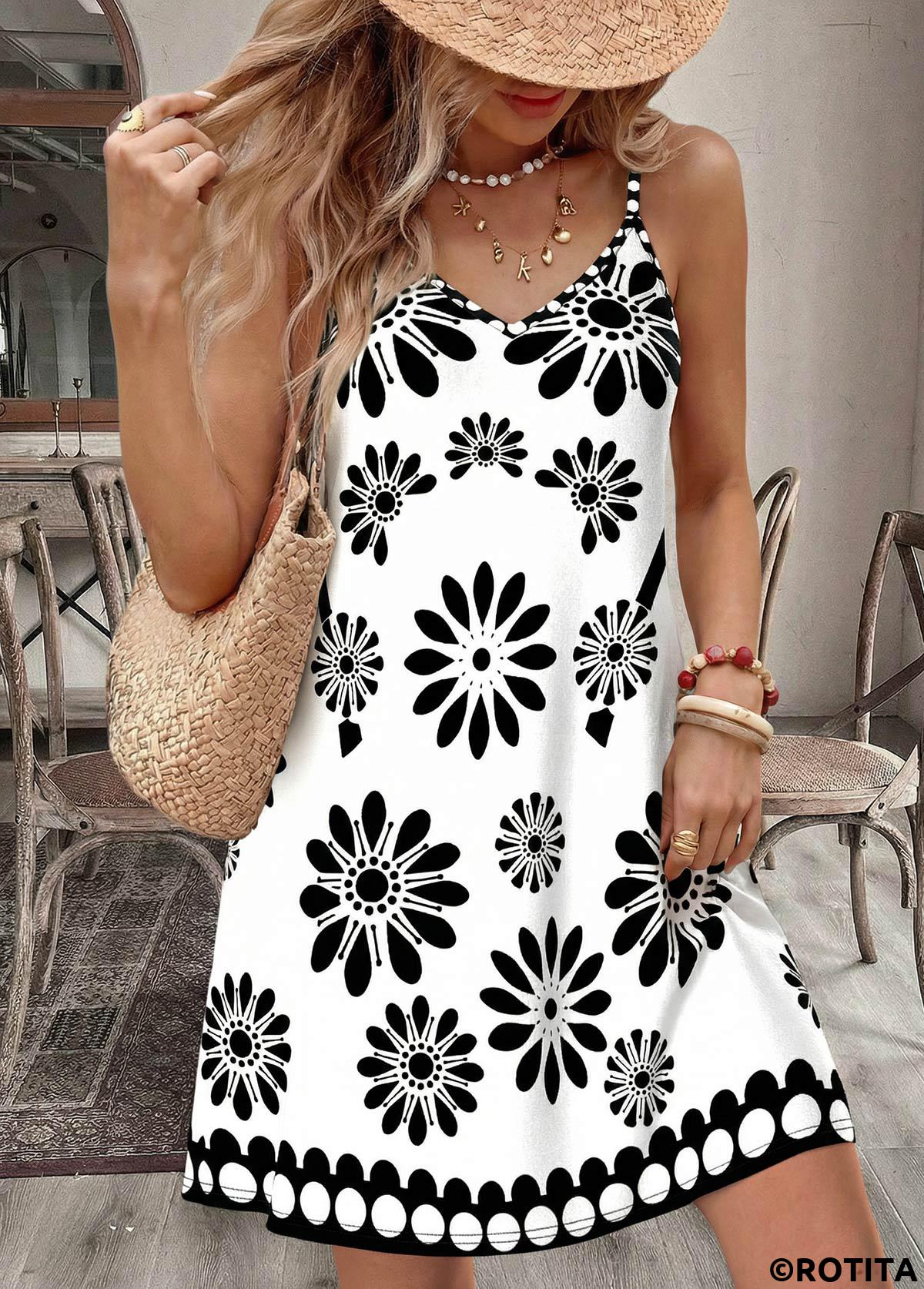 White dresses,Floral dresses,Plants dresses,Vacation dresses,Vacation dresses,ROTITA White Floral Print Tummy Coverage Short V Neck Dress