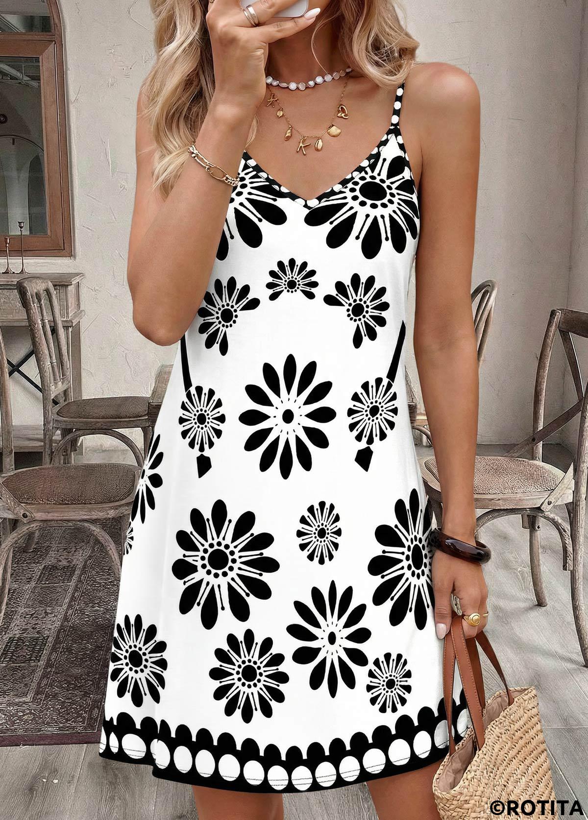 White dresses,Floral dresses,Plants dresses,Vacation dresses,Vacation dresses,ROTITA White Floral Print Tummy Coverage Short V Neck Dress