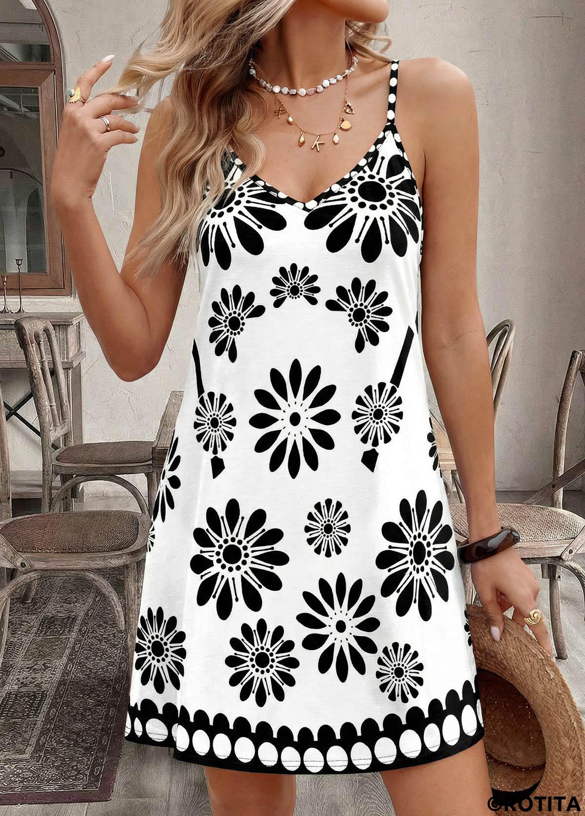 White dresses,Floral dresses,Plants dresses,Vacation dresses,Vacation dresses,ROTITA White Floral Print Tummy Coverage Short V Neck Dress