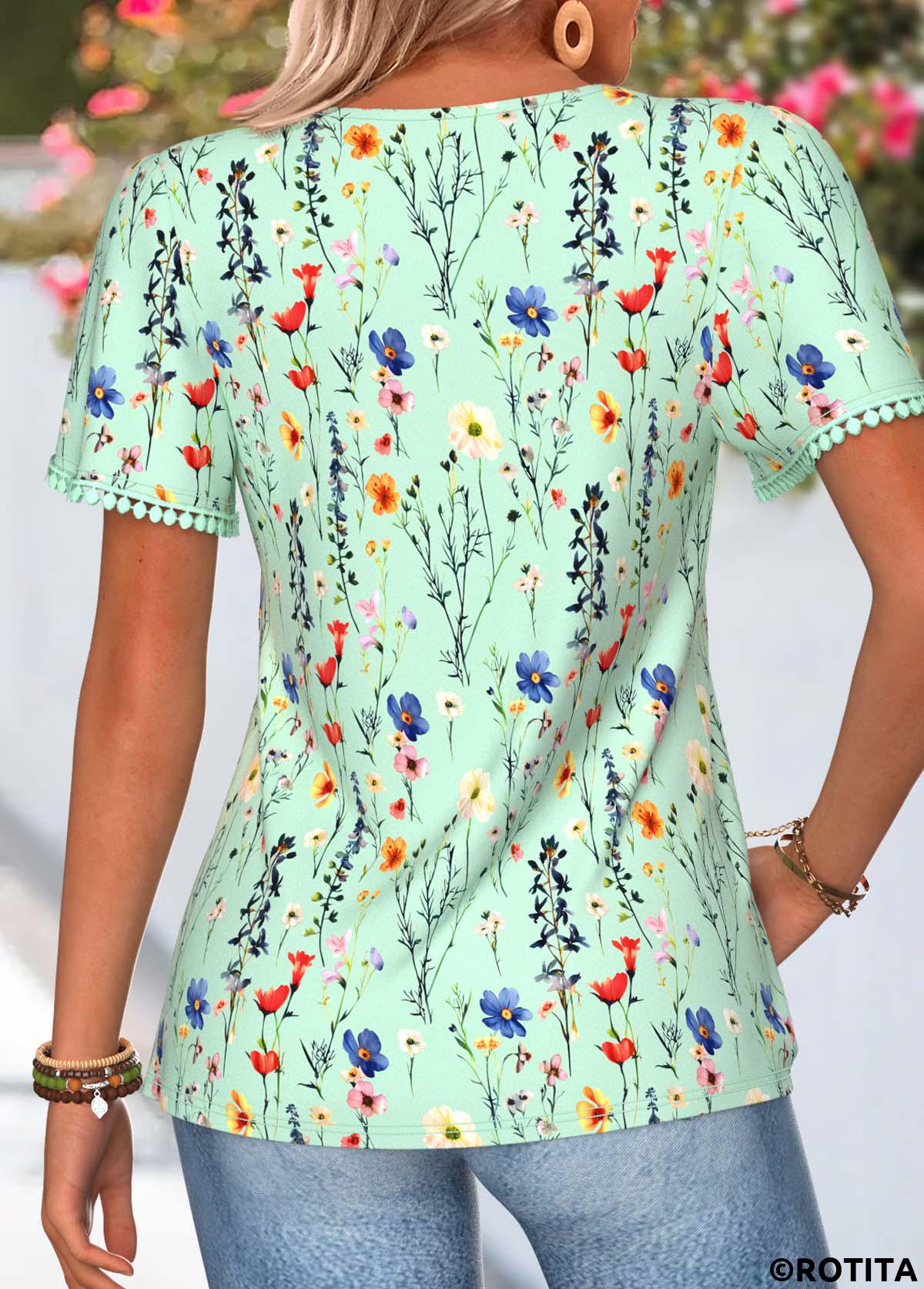 Green tops,Floral tops,Plants tops,ROTITA Tummy Coverage Floral Print Green V Neck T Shirt